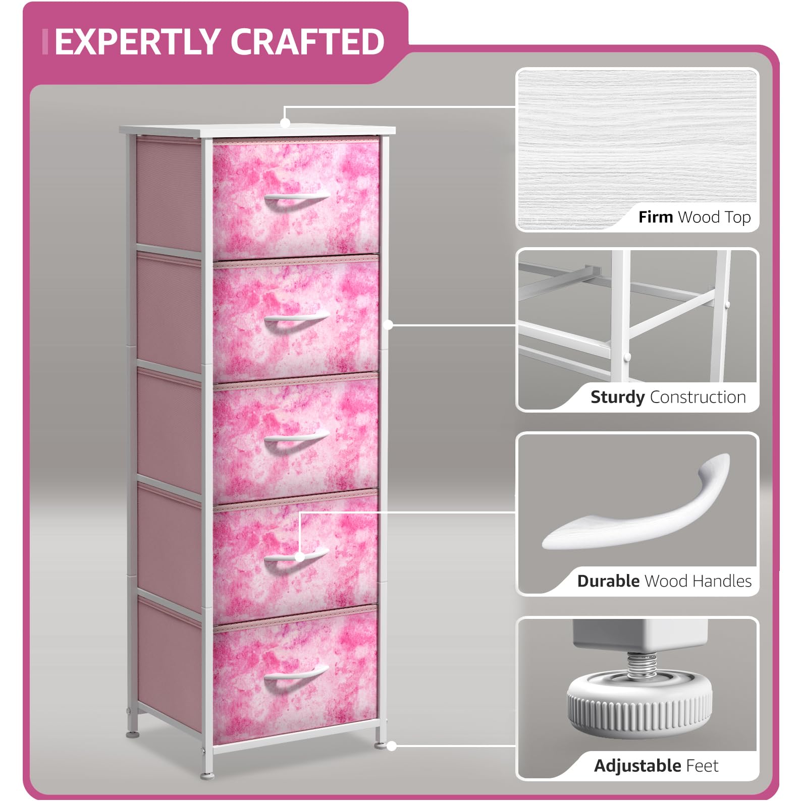 Sorbus 5-Drawer Fabric Dresser for Kids - Tall Storage Tower with Steel Frame & Wood Handles, Tie-Dye Pink - Perfect for Bedroom, Closet, Playroom & Nursery Organization