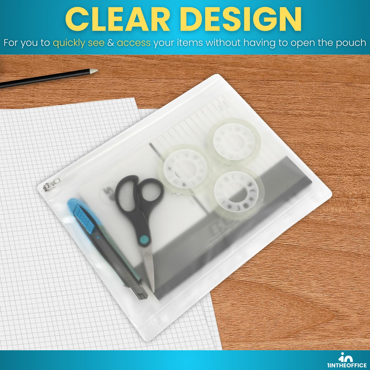 1InTheOffice Clear 3-Ring Binder Pencil Pouch with Zipper - 10
