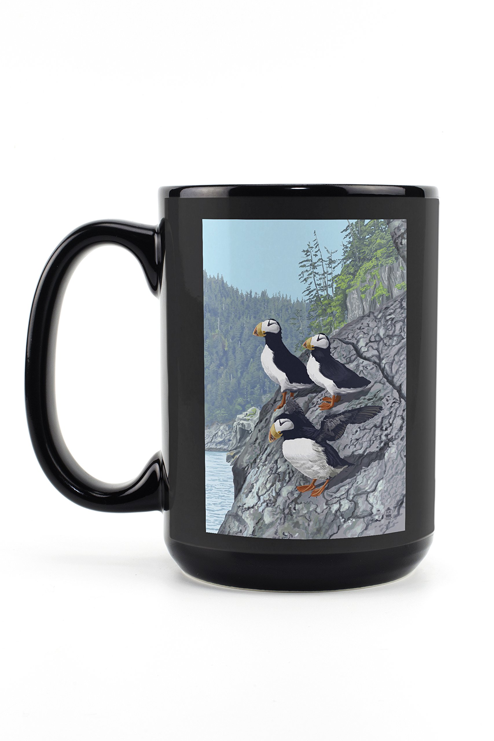 Horned Puffins 15oz Black Ceramic Coffee Mug - Microwave & Dishwasher Safe Tea Cup - Perfect for Home, Office & Camping Use
