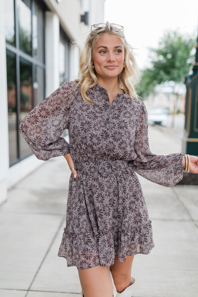 True Love Brown Floral Print Collared Dress - Women's Vintage Style Summer Dress for Date Night, Wedding Guest & Office Wear