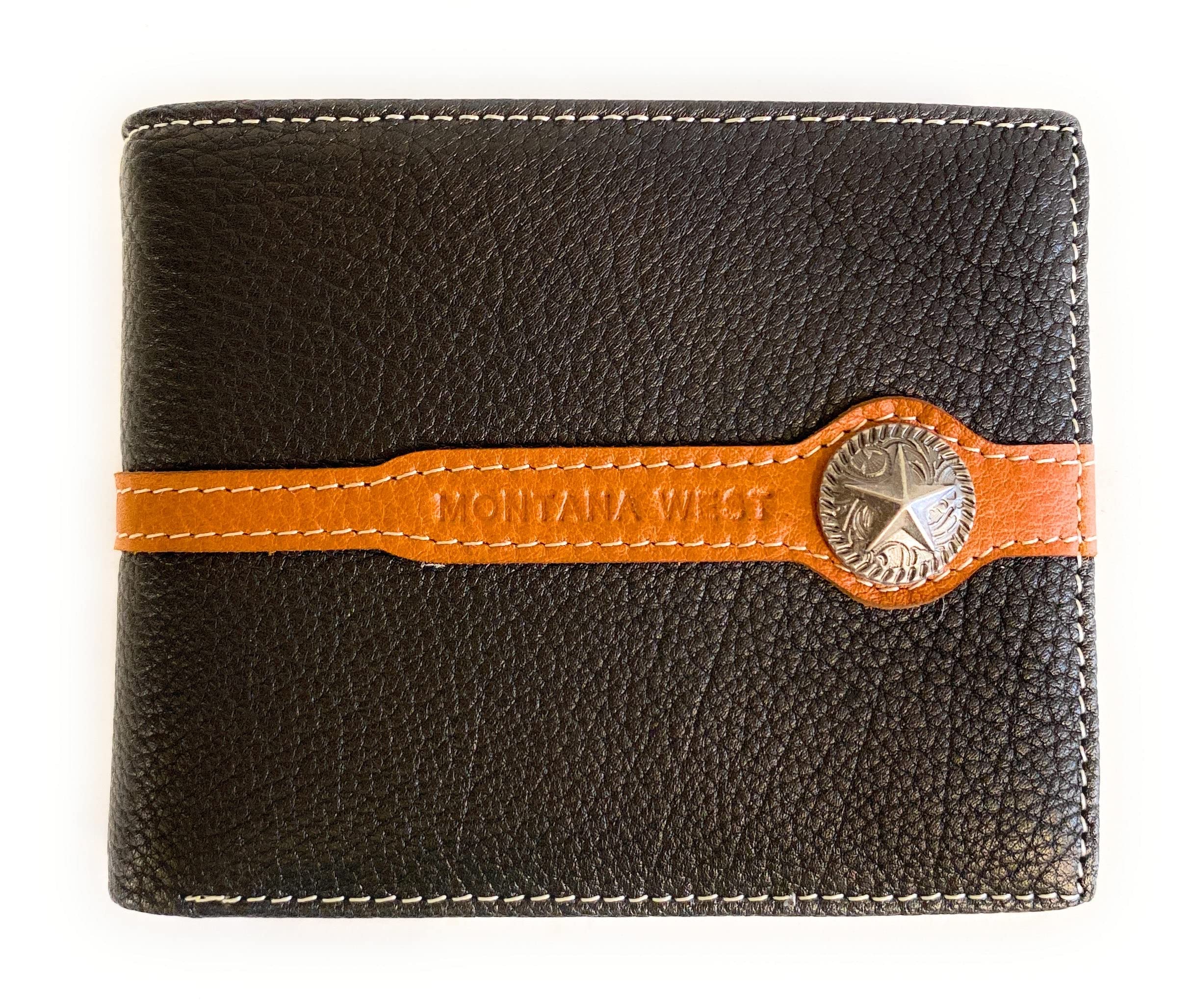 Lonestar Concho Genuine Leather Bi-fold Wallet for Men - Black & Brown Western Style Cowboy Wallet - Perfect for Everyday Use, Travel, and Gifts