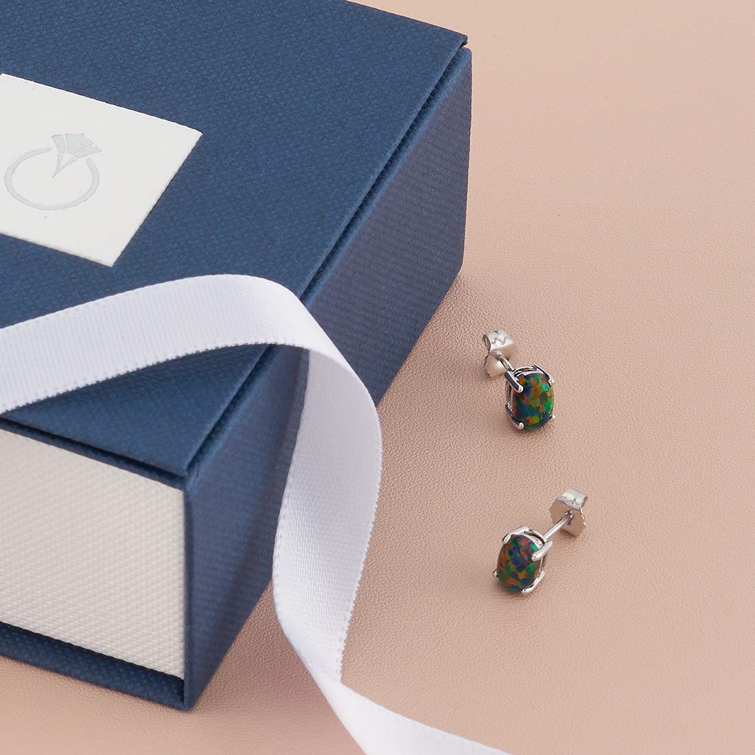 14K White Gold Black Fire Opal Stud Earrings for Women - 7x5mm Oval, 1 Carat Total, October Birthstone, Friction Back Closure | Elegant Gift for Birthday, Anniversary & Special Occasions