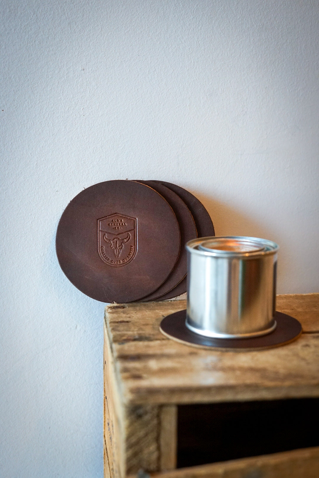 Premium Leather Coasters Set - Round Bison Leather Drink Coasters in Dark Amber Harness for Home Bar, Office Desk & Dining Table Protection