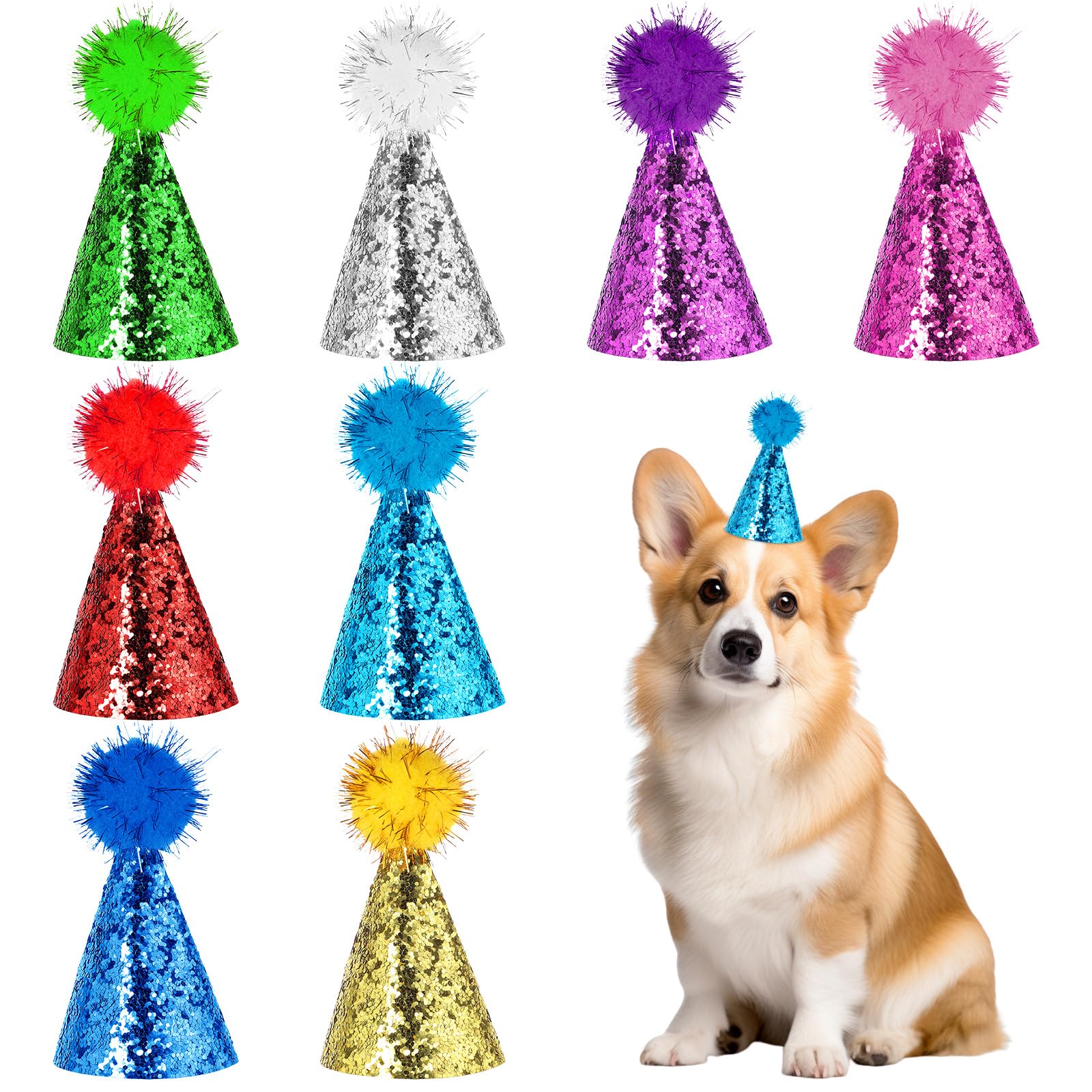 8 Pcs Mini Party Hats for Stuffed Animals - Glitter Small Dog & Cat Birthday Hats, Adjustable Headbands for Puppy Kitten Costume Accessories - Perfect for Birthday Parties, Holidays & Pet Photo Shoots
