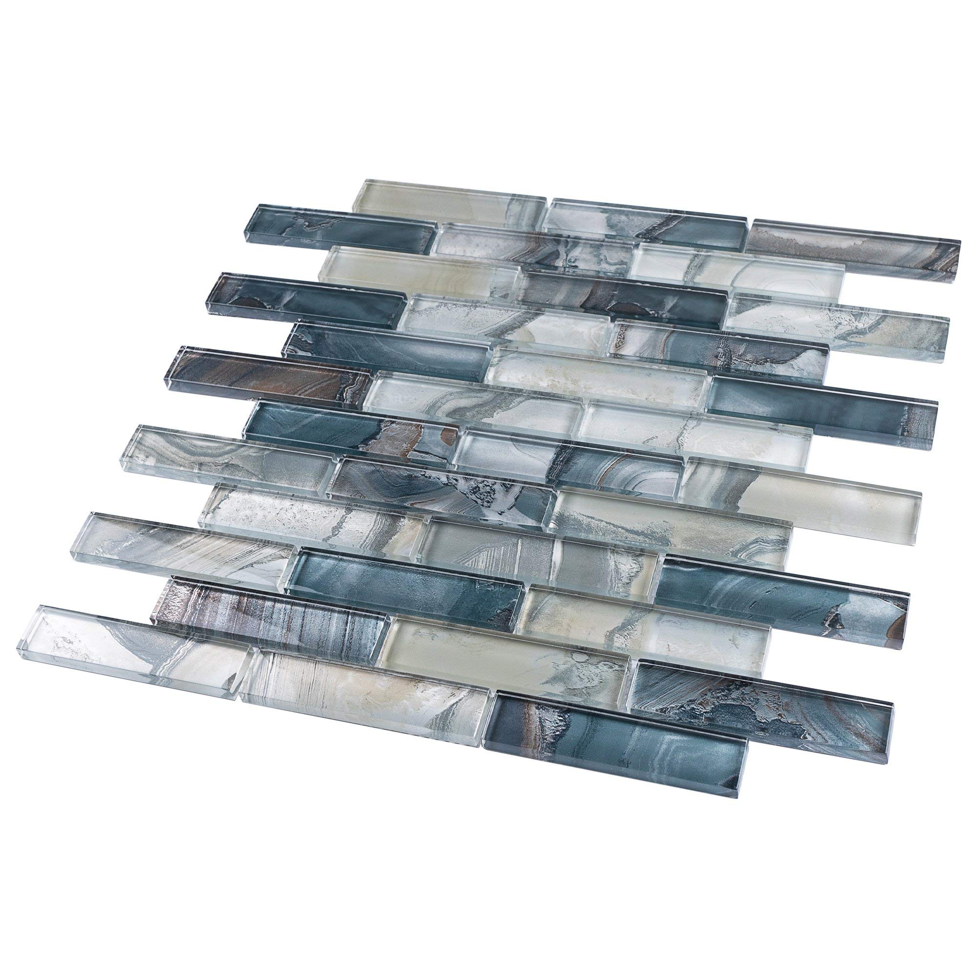 TOCSG-01 1x4 Swirl Blue Glass Mosaic Tile Backsplash (10 Sheets) - Waterproof Kitchen & Bathroom Wall Tile for Stunning Backsplash, Shower, and Fireplace Designs