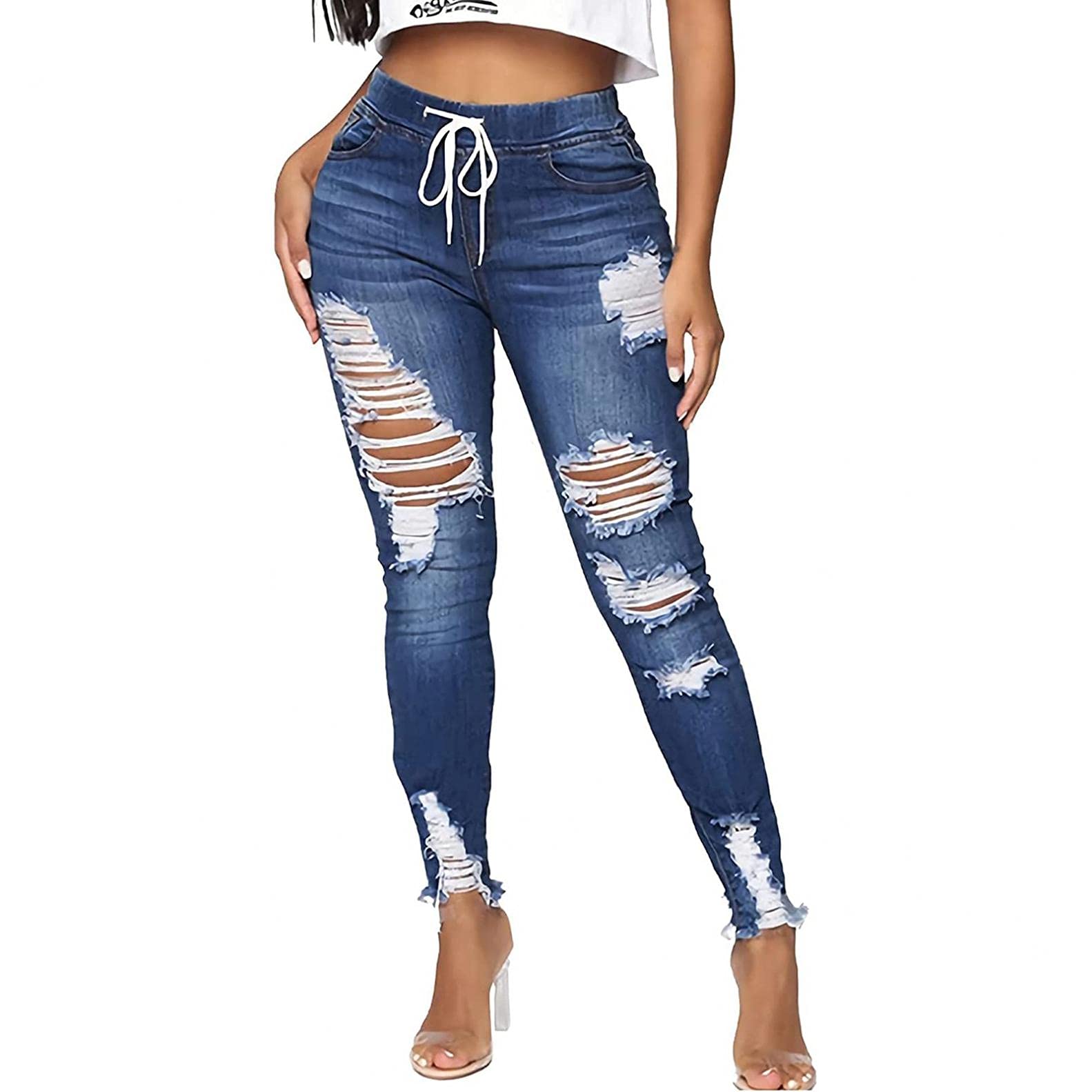 COMVALUE Women's Stretch High Waisted Distressed Jeans - Wide Leg Slim Fit Denim Pants for Casual Wear, Office & Night Out