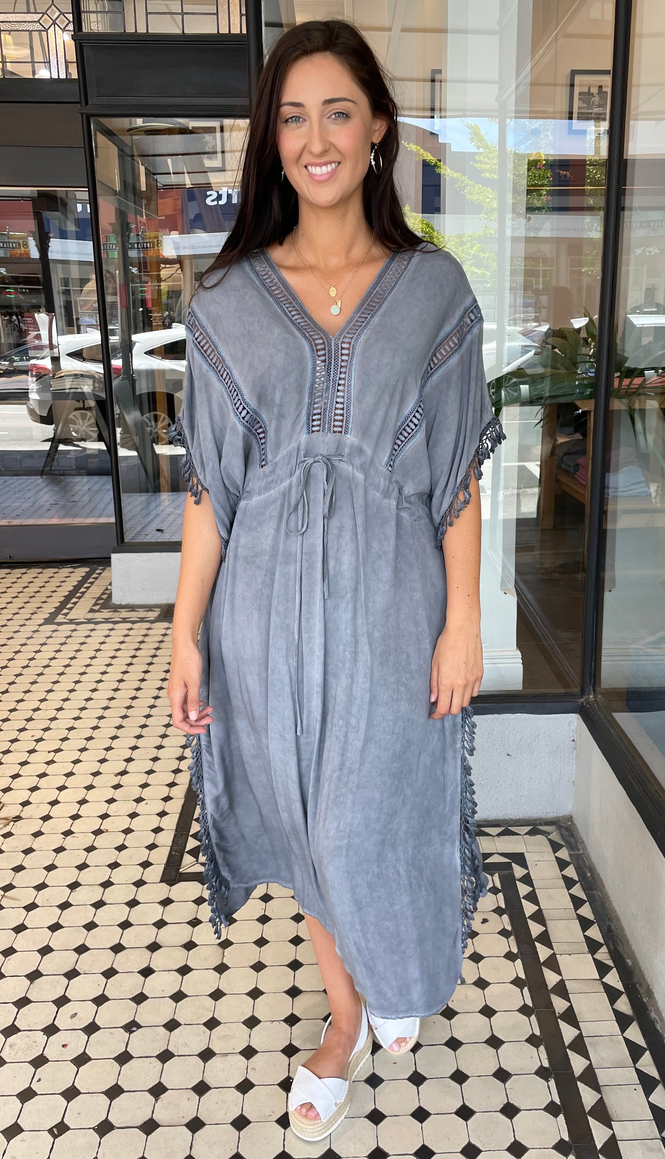 Boho Summer Kaftan Dress for Women - Lightweight Washed Blue Flowy Beach Cover Up - Perfect for Beach Vacation, Pool Party, and Casual Outings