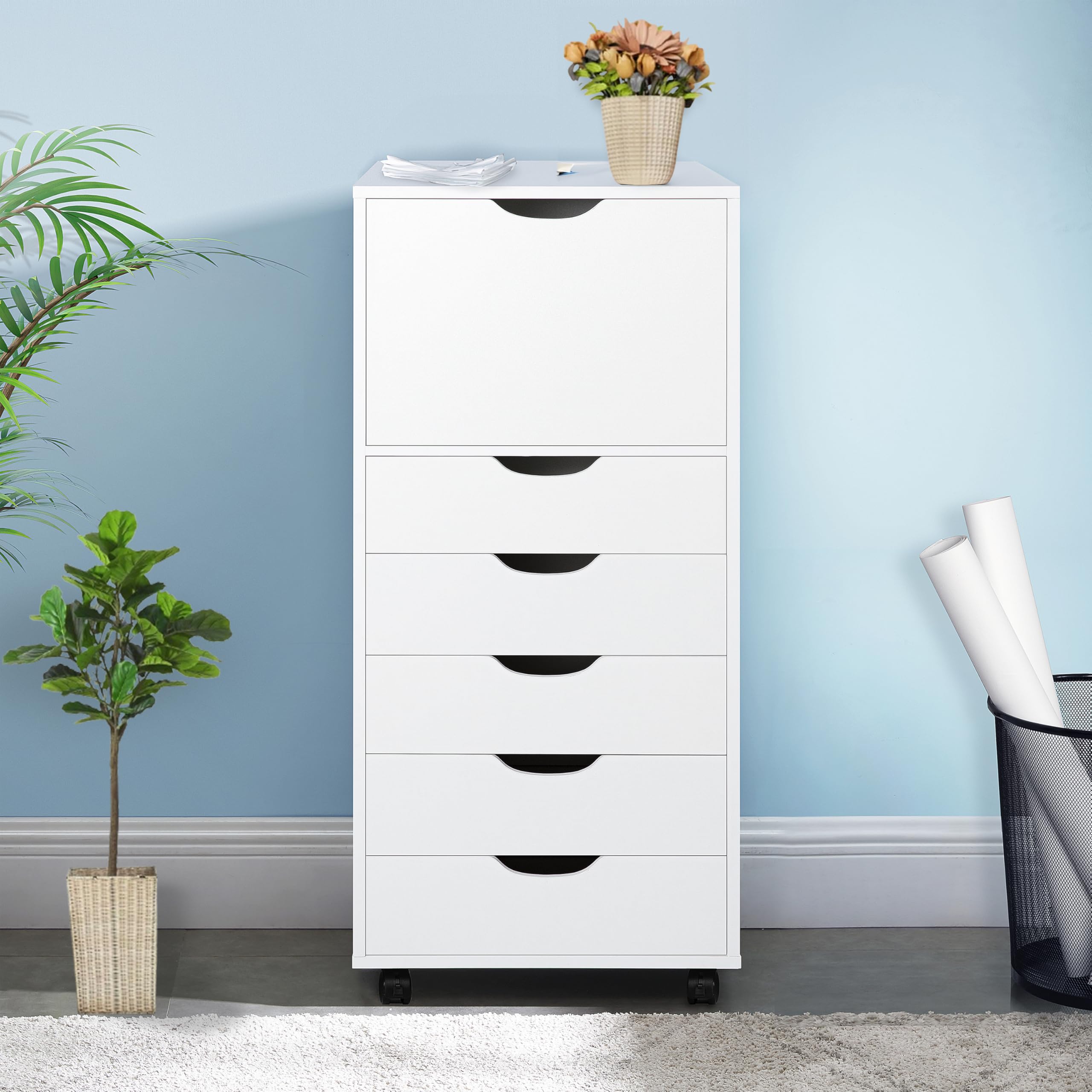 Naomi Home 6-Drawer Tall Dresser Storage Cabinet with Wheels - White Wooden Makeup & Closet Organizer for Bedroom | Perfect for Cosmetics, Jewelry & Clothing Storage