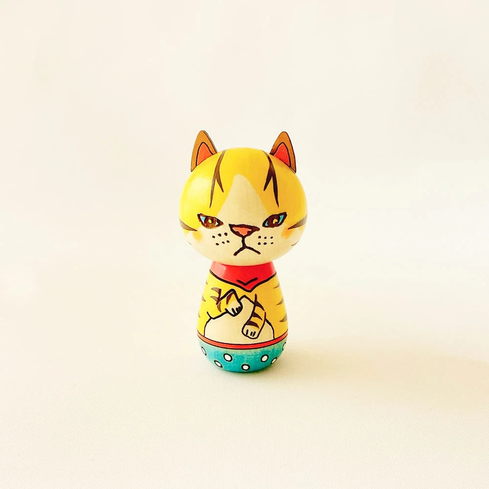 Japanese Kokeshi Doll - Handmade Yellow Tabby Cat Wooden Figurine | Traditional Home Decor, Gift for Cat Lovers & Japan Culture Enthusiasts