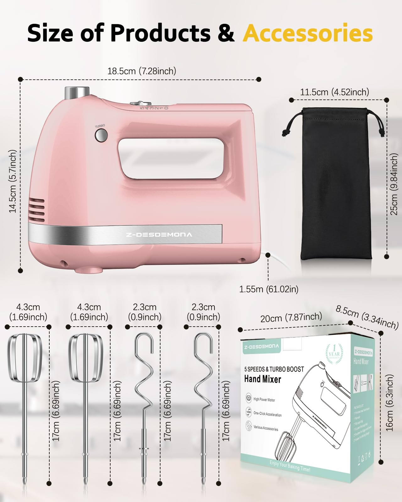 300W Powerful Electric Hand Mixer with 304 Stainless Steel Beaters & Dough Hook - Turbo Speed Handheld Mixer for Baking Cakes, Whipping Cream, Mixing Eggs - Perfect for Home Kitchen, Professional Baking & Dessert Making (Pink)