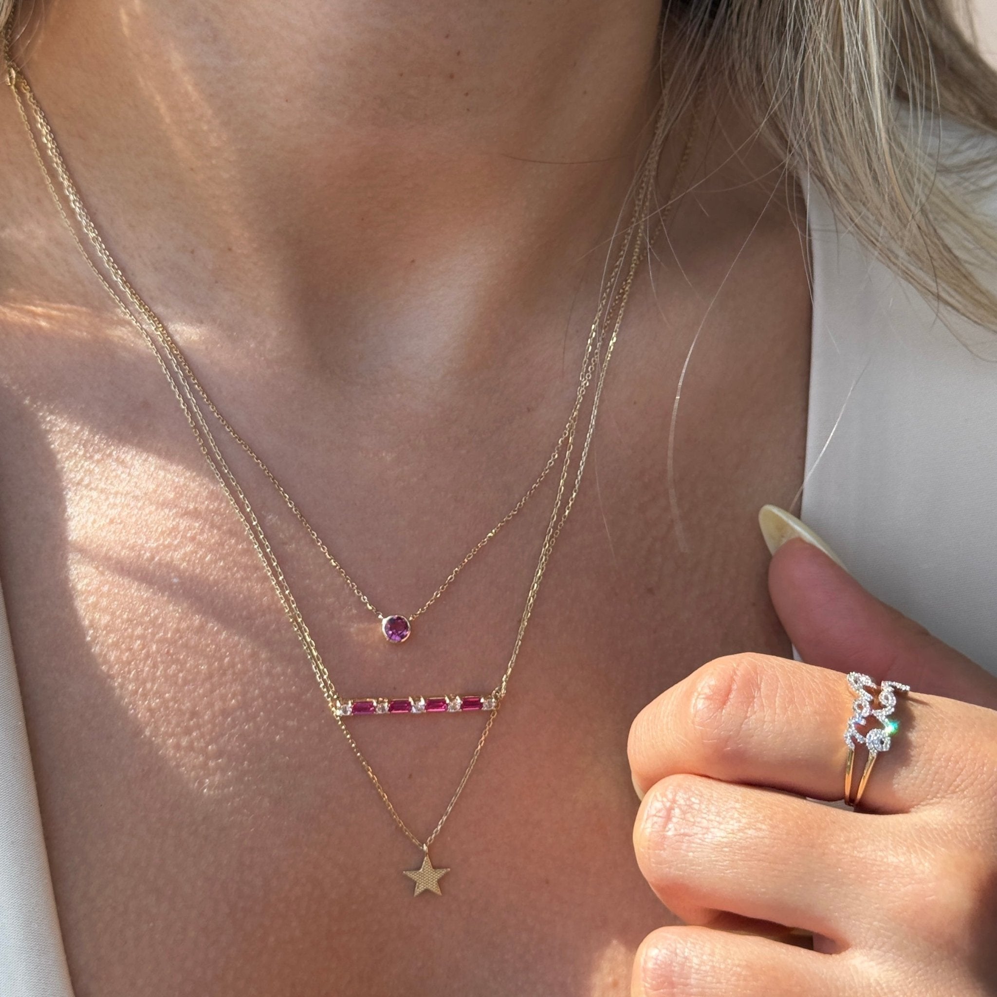 14k Solid Yellow Gold Ruby Station Necklace - Elegant Bezel Set Gemstone Jewelry for Women, Perfect for Gifts, Anniversaries, and Special Occasions