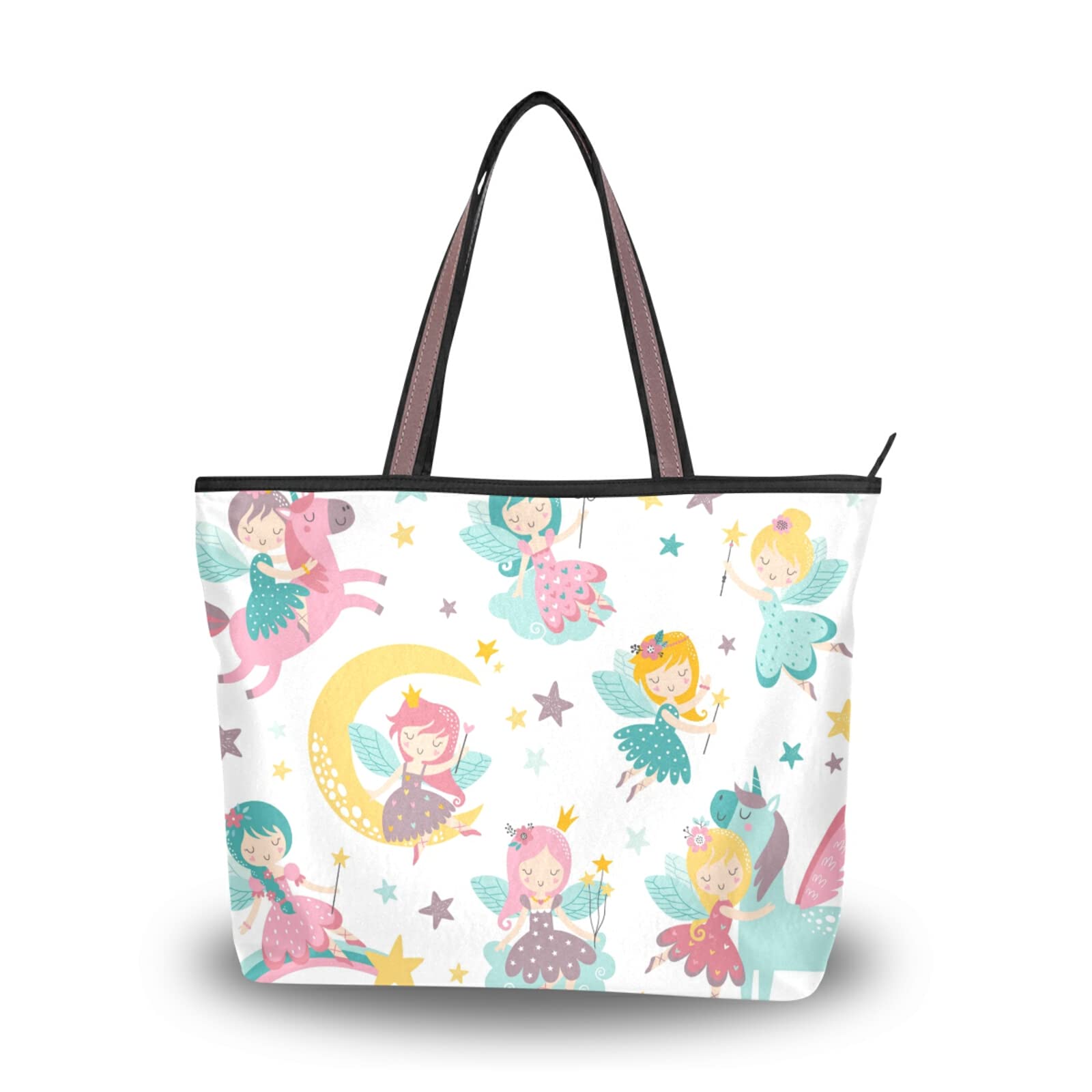 Fairy Flowers Unicorn Rainbow Tote Bag for Women - Reusable Zippered Shoulder Handbag, Beach Bag for Travel, Shopping & Daily Use