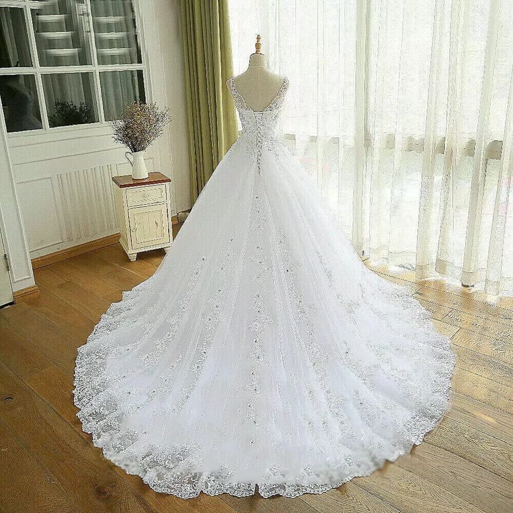 TRHTX Women's V-Neck Lace Wedding Dress with Beaded Appliques - Elegant Sleeveless White Bridal Gown for Bride | Perfect for Church Ceremonies, Beach Weddings & Formal Receptions