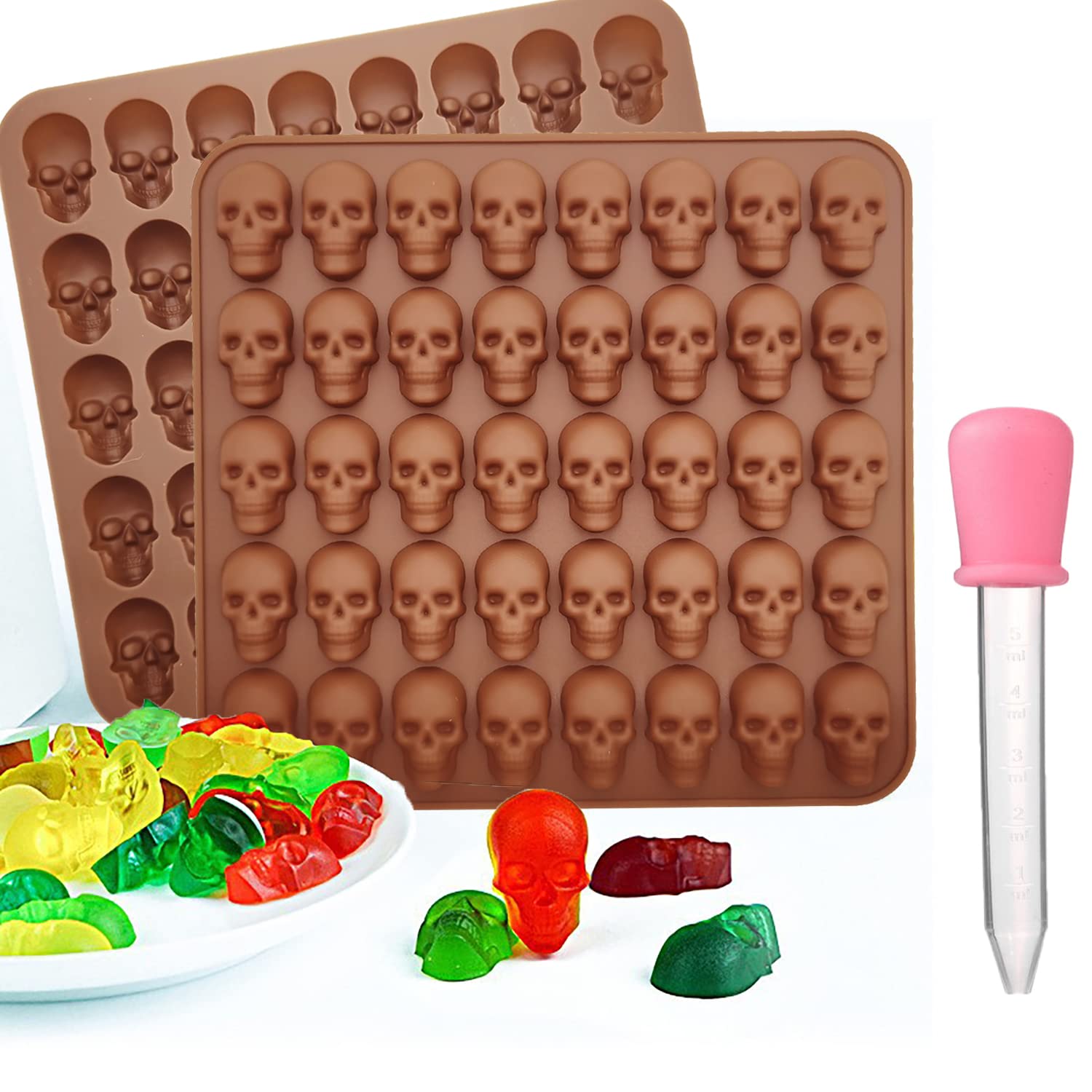 1 Pcs Silicone Skull Chocolate Candy Gummy Mold - Easy Release with 1 Dropper - Reusable 40 Cavity 3D Ice Cube Fondant Mold for Halloween Baking, Cupcake Toppers, Jello, Dog Treats - Perfect for DIY Desserts, Party Favors, and Spooky Treats