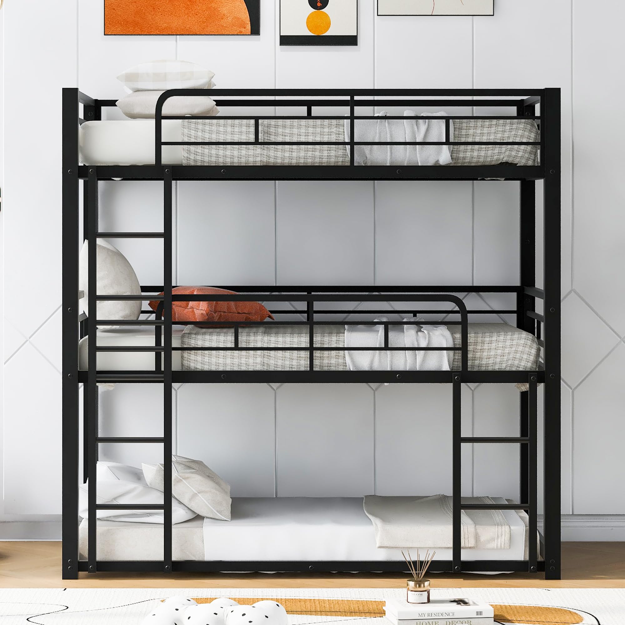 Sturdy Triple Bunk Bed - Twin Over Twin Over Twin Metal Bunk Beds with Ladder | Space-Saving Bedroom Solution for Kids, Teens & Adults | No Box Spring Required | Easy Assembly | Black Finish | Perfect for Dorms, Hostels & Large Families