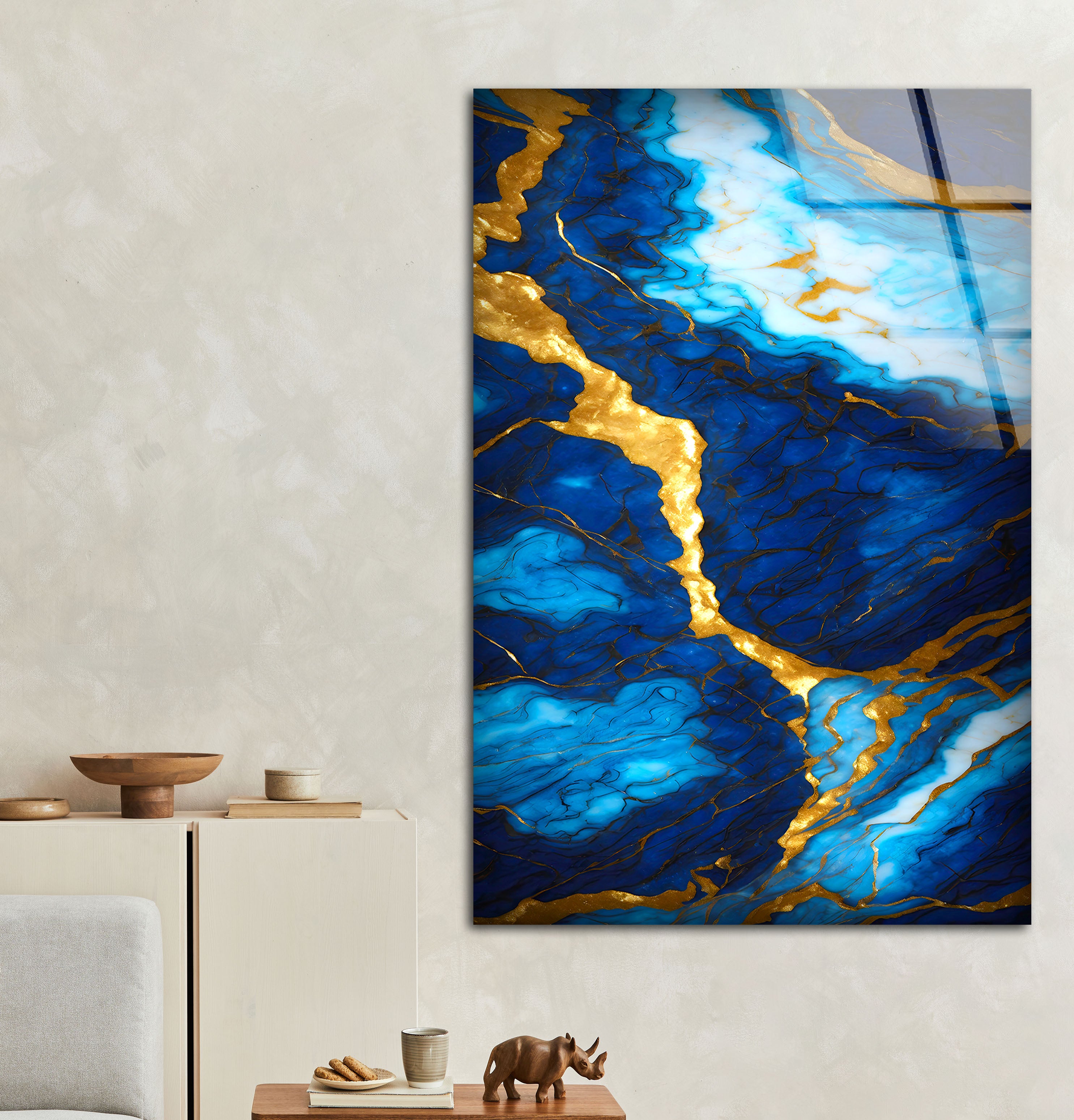 Blue and Gold Marble Wall Art - Elegant Glass Print with Rich Veins & Deep Texture | Modern Luxury Home Decor for Living Room, Bedroom & Office