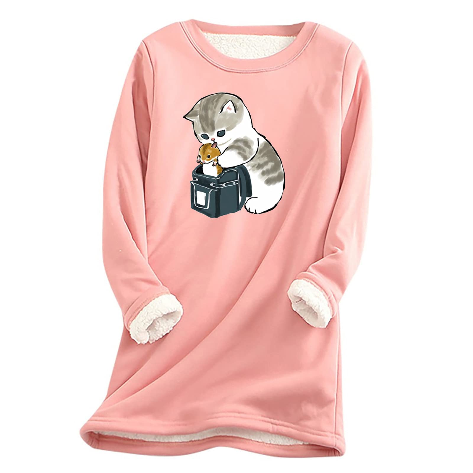 Women's Long Sleeve Casual T-Shirt Dress with Cute Cat Print - Crew Neck Loungewear Nightgown for Fall - Fleece Sleepwear & Nightdress for Home, Lounge & Sleep