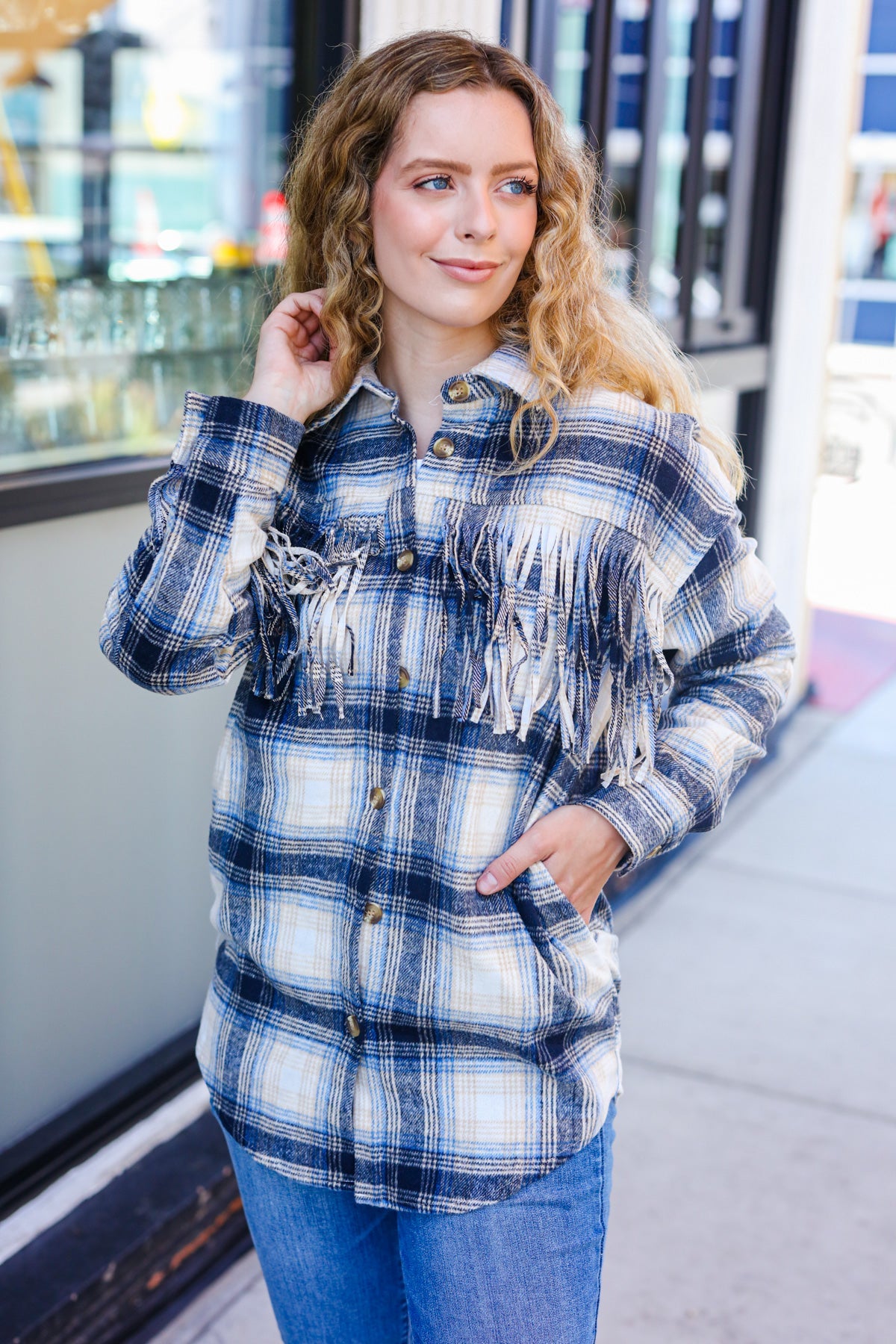 Boldly You Navy Plaid Fringe Button Down Shacket - Stylish Overshirt for Women | Fall & Winter Layering Essential | Perfect for Casual Outings, Workwear & Outdoor Adventures