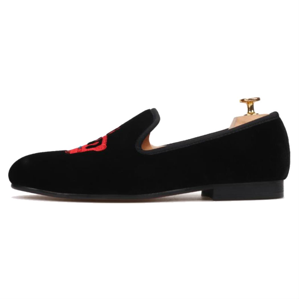 FERUCCI Handmade Men's Black Velvet Loafers with Red Crown Emblem - Luxurious Velvet House Slippers for Indoor Comfort & Casual Wear - Perfect Gift for Christmas, Birthday & Special Occasions