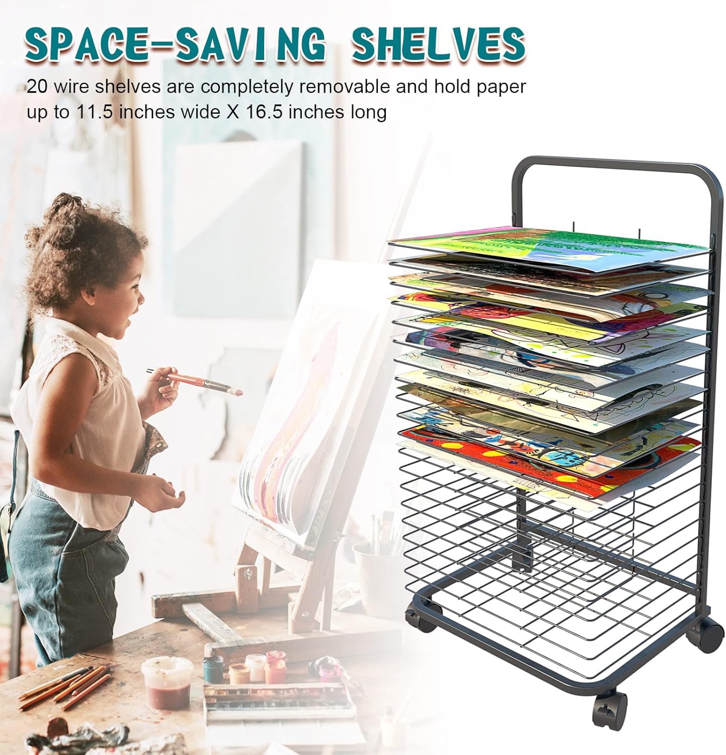 20-Shelf Mobile & Wall Mountable Art Drying Rack - Heavy Duty Painting Storage Organizer for Art Studios, Classrooms & Home Use - Perfect for Drying Paintings, Drawings & Craft Projects