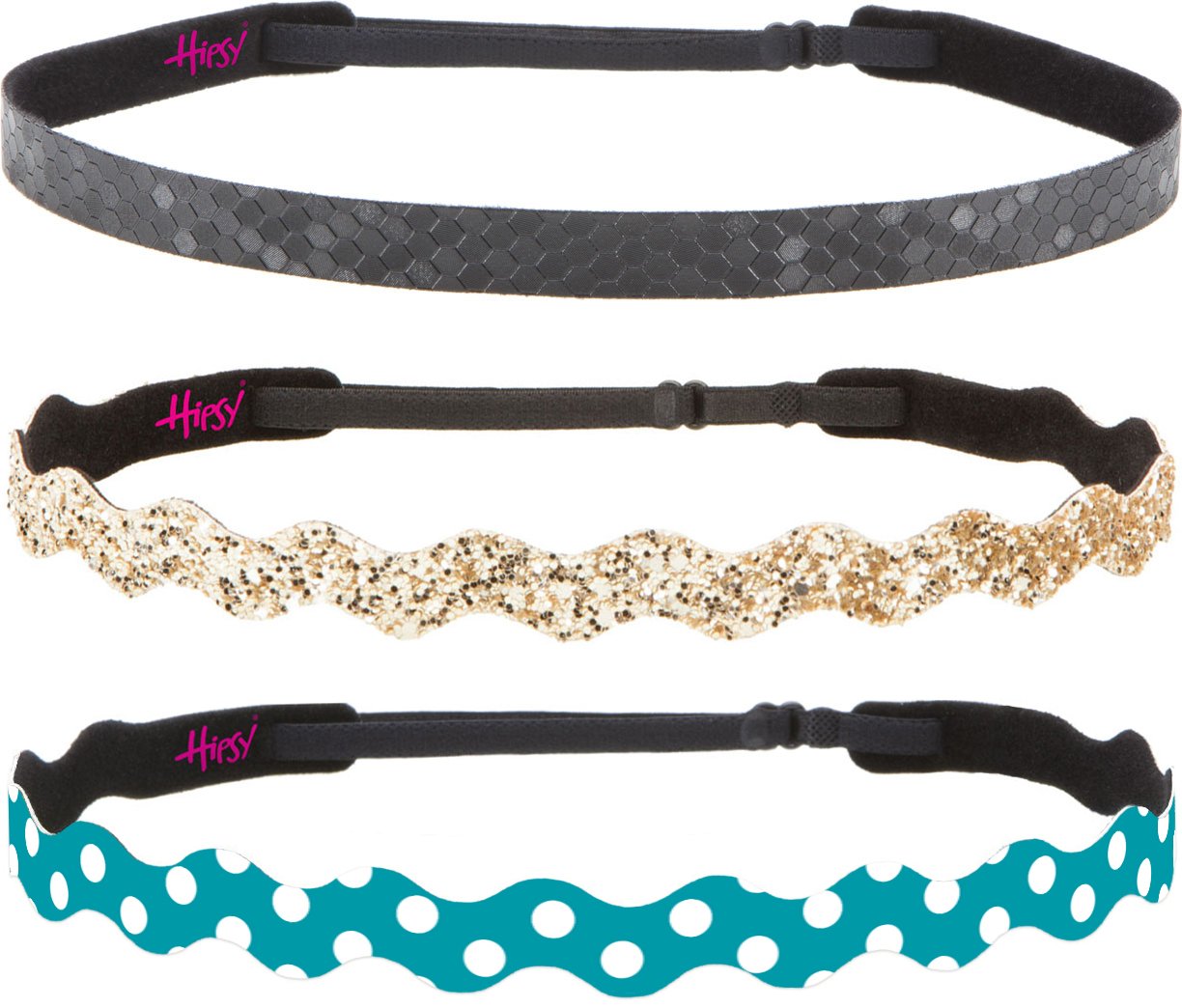 Hipsy Women's Adjustable Non-Slip Wave Polka Dot & Bling Glitter Headbands 3-Pack (Teal/Gold/Black) - Perfect for Workouts, Yoga, Running and Fashion Accessories