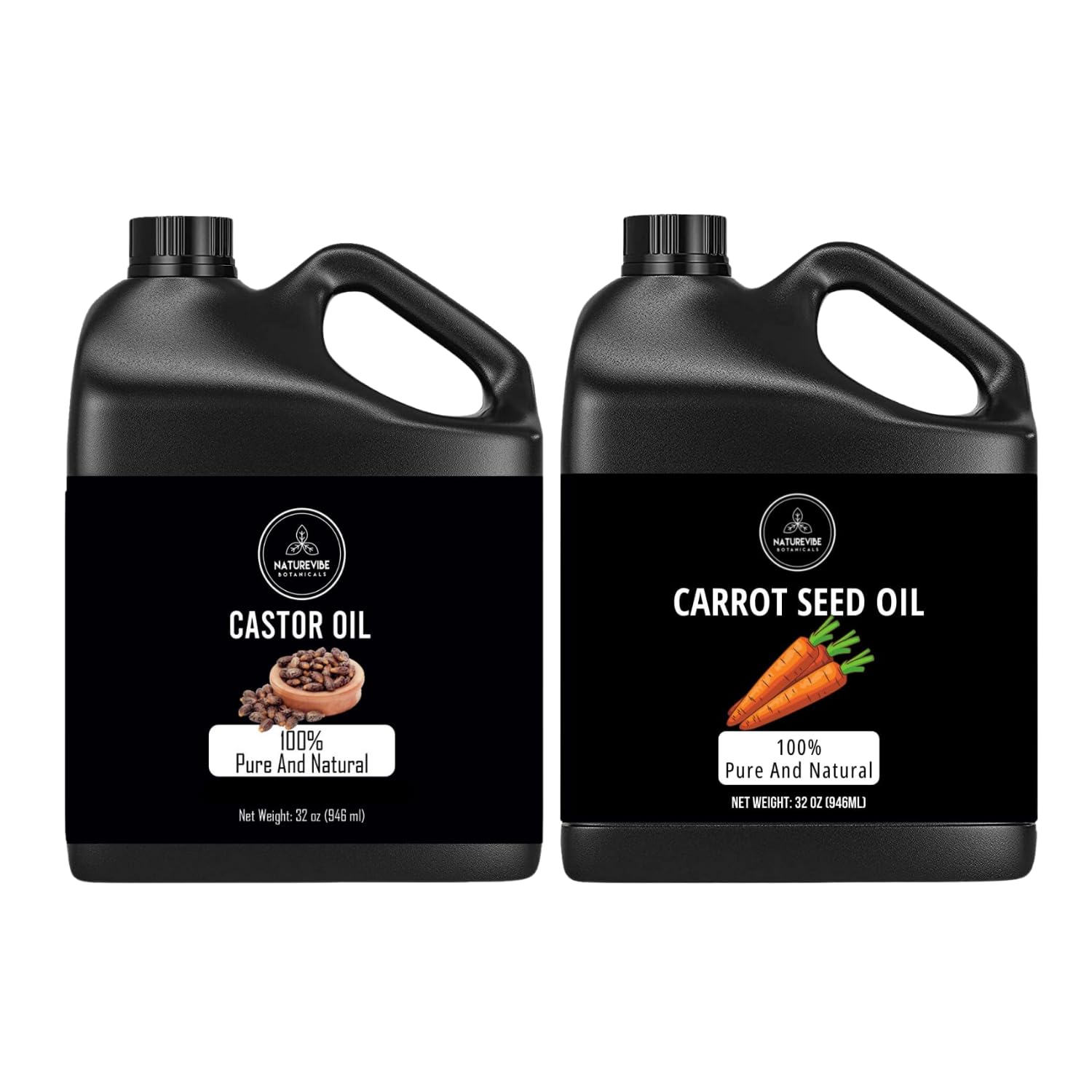 Naturevibe Botanicals Organic Castor Oil & Carrot Oil Combo - 32oz Each | Cold-Pressed, Hexane-Free Hair Growth & Skin Care | Perfect for DIY Beauty Recipes, Scalp Massage & Natural Moisturizing
