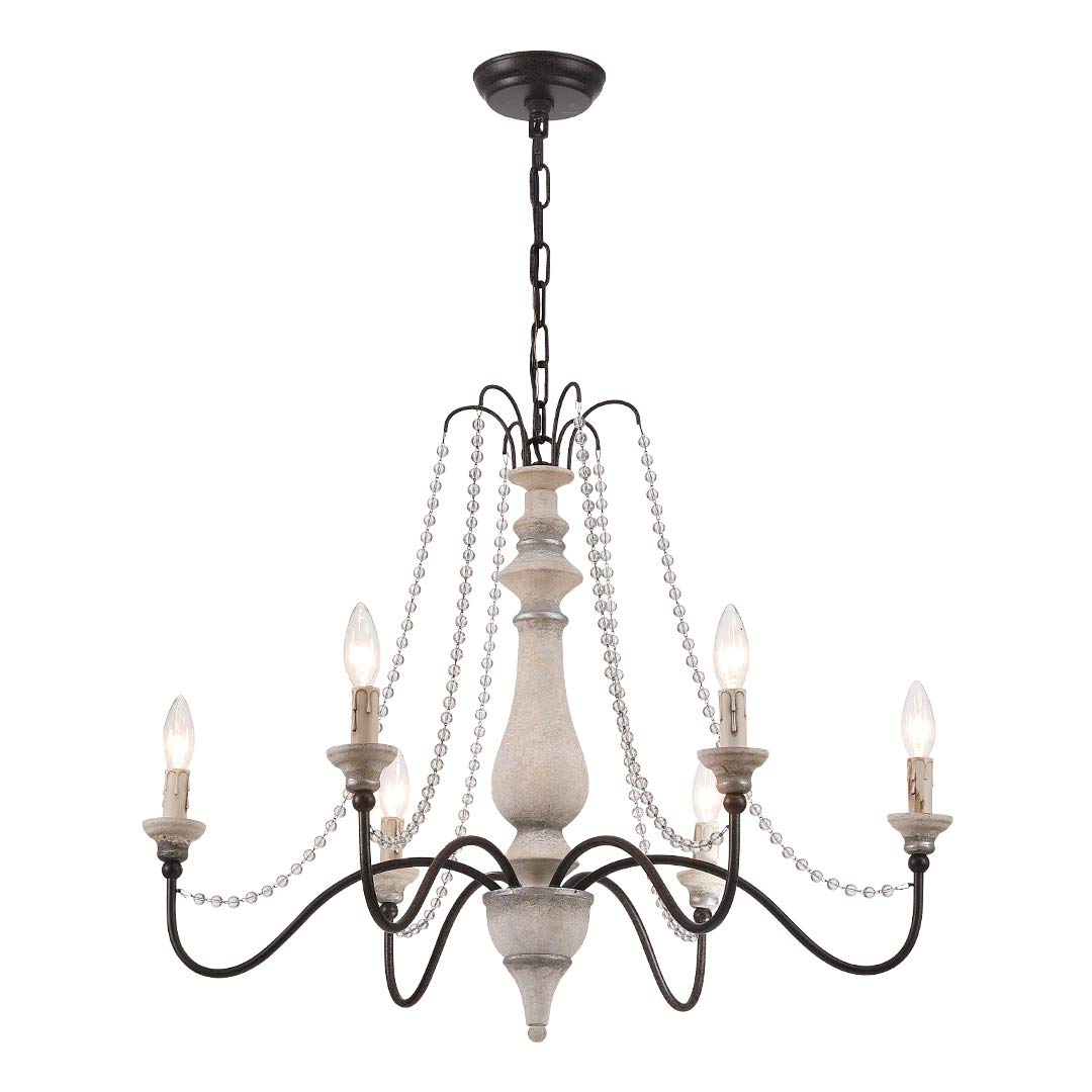 6-Light Classic Countryside Wood-Like Metal Crystal Chandelier - French Country Rustic Farmhouse Style - 29.5
