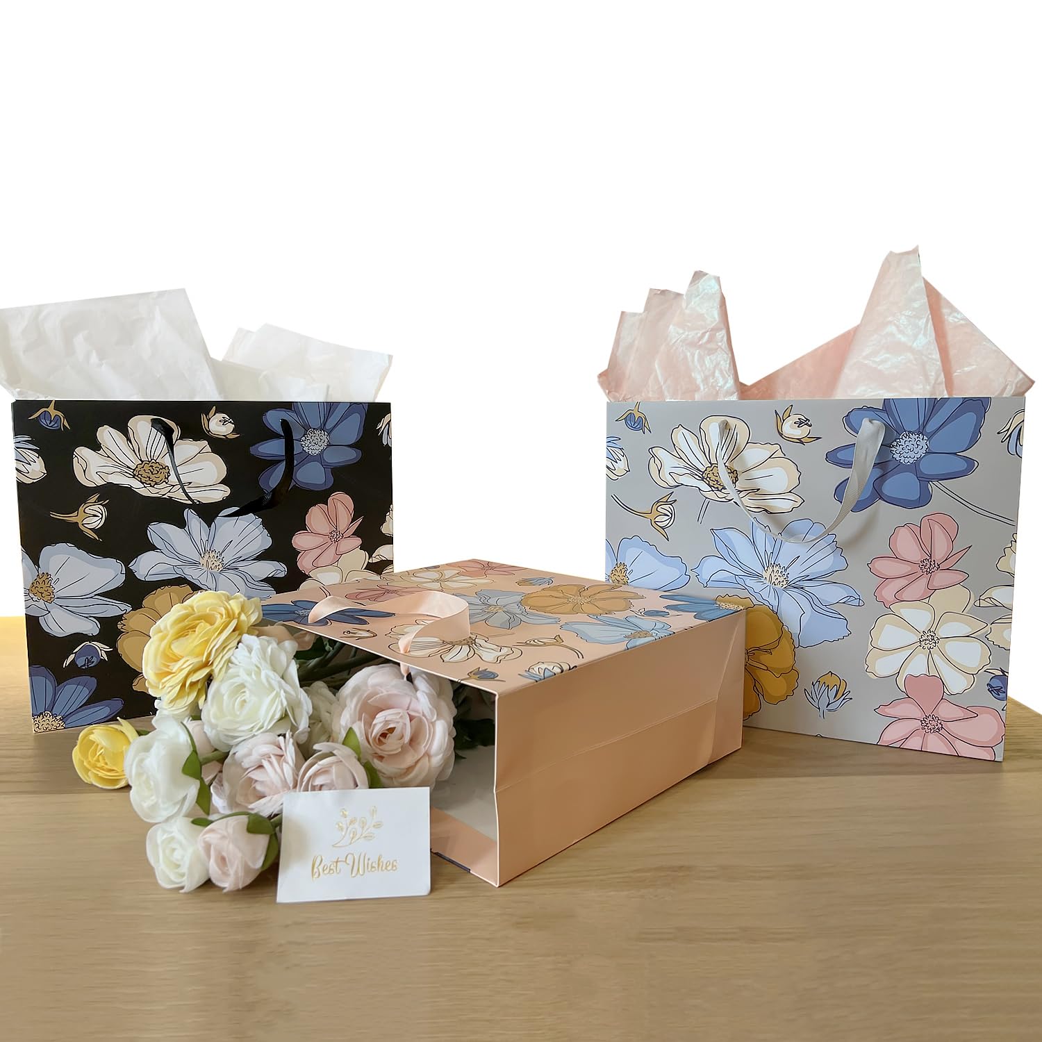AMROSE 13'' Floral Gift Bags 3PK with Card - Recyclable for Birthdays & Weddings