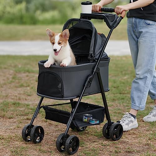 3 in 1 Folding Dog Stroller with Removable Travel Carrier - Lightweight 4 Wheel Pet Stroller for Small & Medium Dogs & Cats - Includes Waterproof Pad, Car Seat & Sun Shade - Perfect for Outdoor Walks, Shopping & Vet Visits