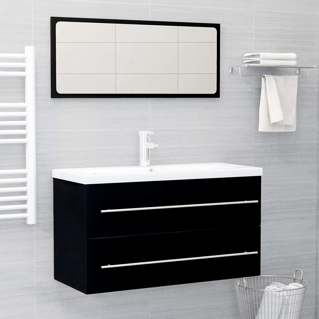 Freestanding Bathroom Storage Cabinet with Mirror - Black Chipboard Vanity Organizer for Sink Basin, Perfect for Small Bathrooms & Powder Rooms - Space-Saving Bathroom Furniture Set