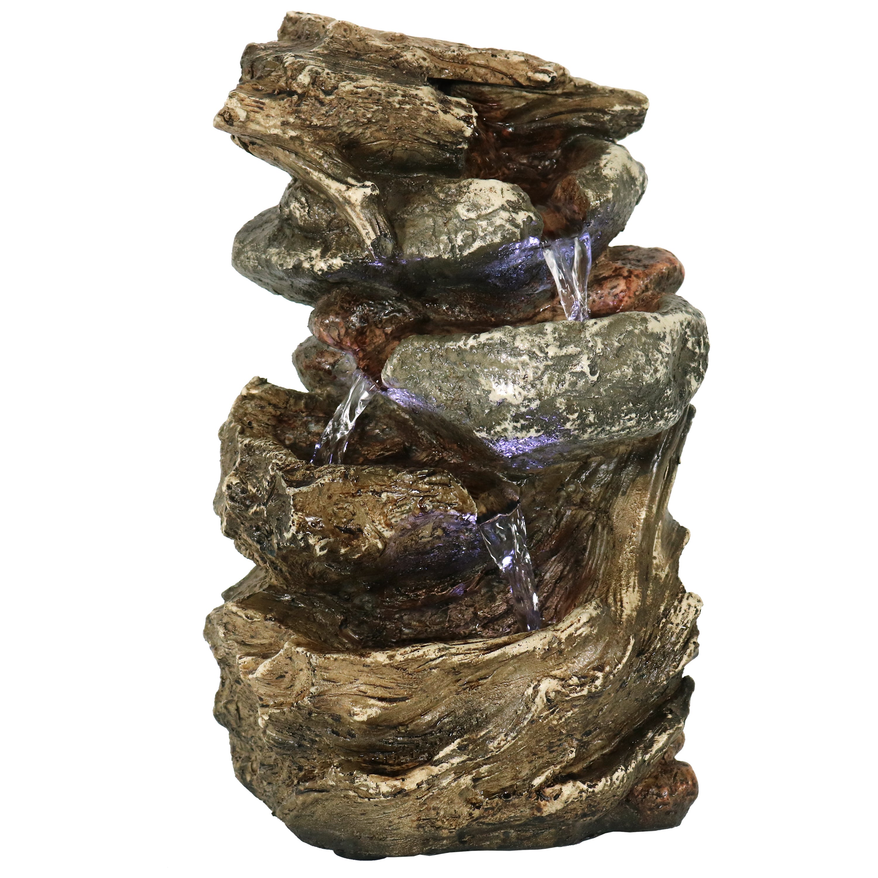 Tiered Rock & Log Indoor Waterfall Fountain with LED Lights - Relaxing Zen Water Feature for Home, Office & Meditation Spaces