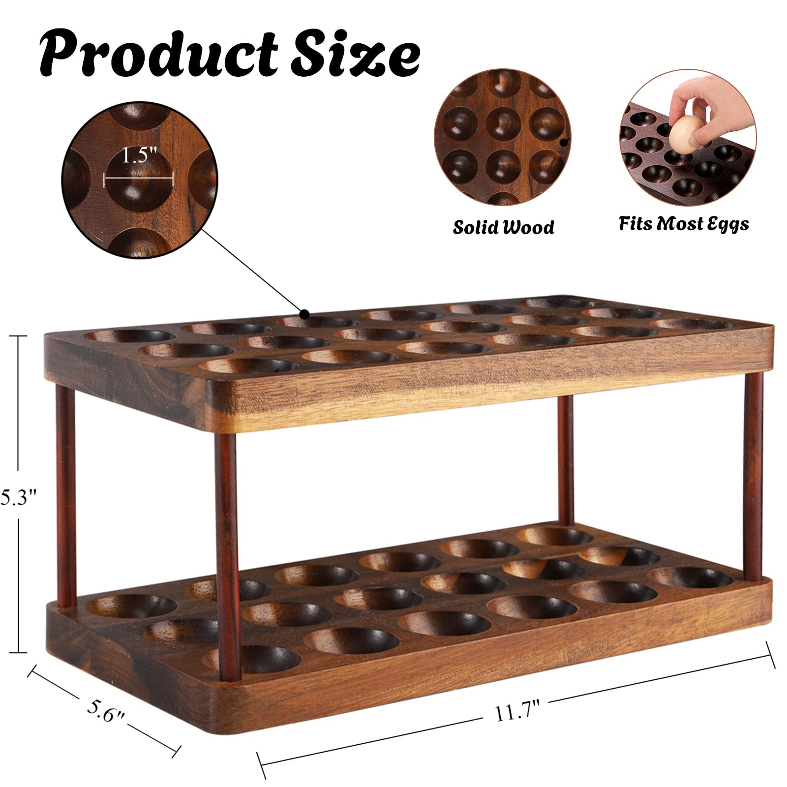 YOUEON Acacia Wooden Egg Holder - Double Layer Detachable Egg Tray Holds 36 Eggs, Countertop Storage Rack for Fresh & Easter Eggs - Rustic Farmhouse Kitchen Decor for Egg Gathering & Display