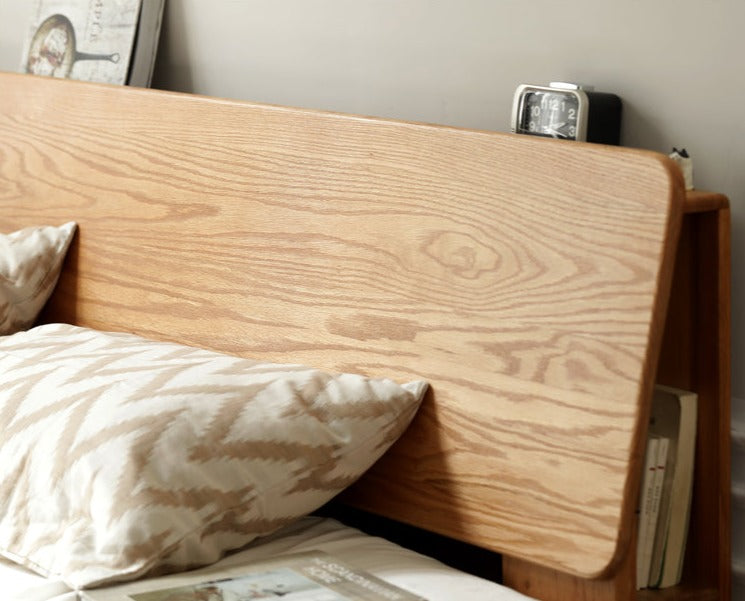 Solid Oak Wood Platform Bed with Bookshelf Headboard - Modern Bedroom Furniture for Small Spaces & Cozy Reading Nook