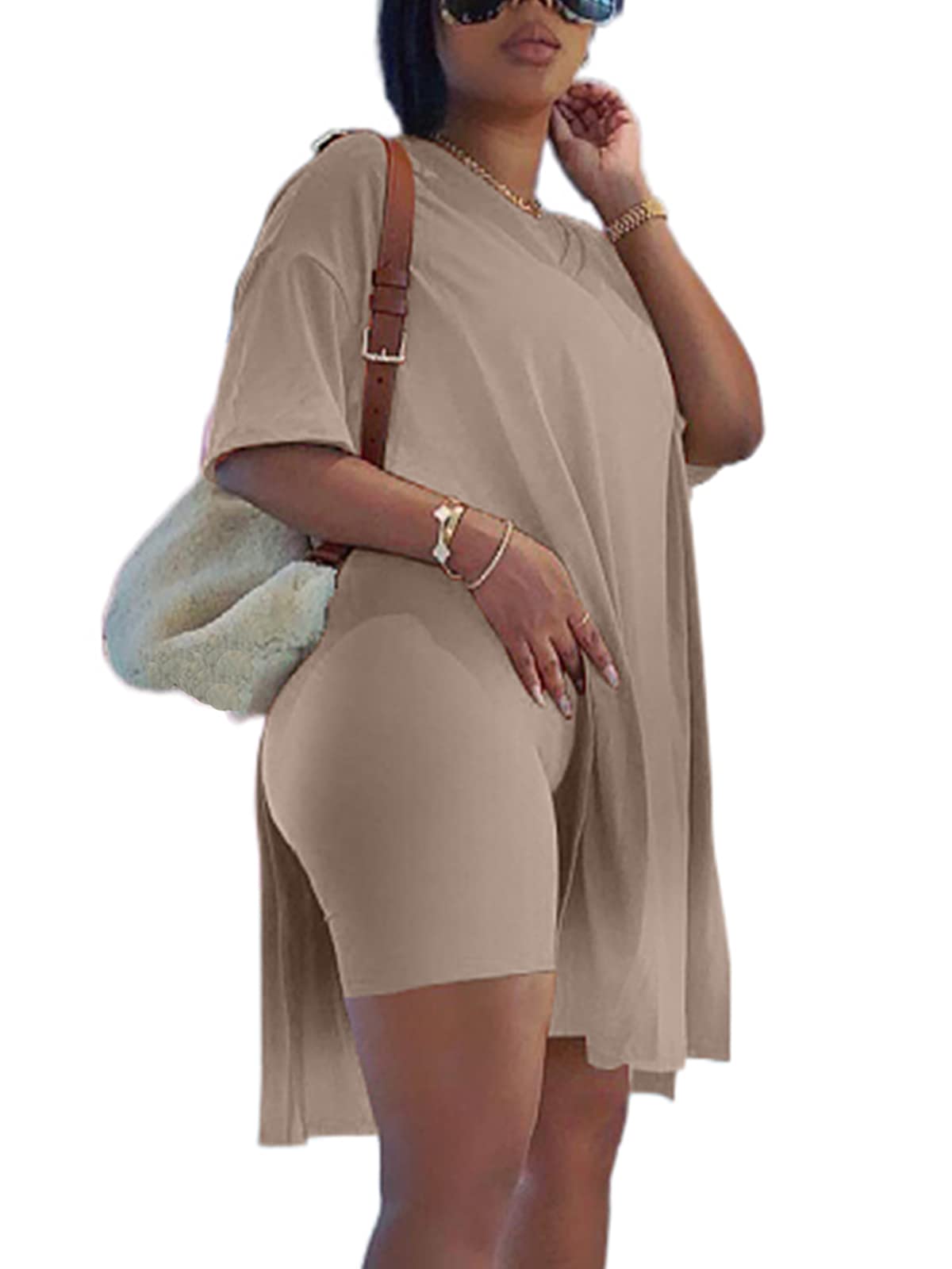 QFMQKPI Women's 2-Piece Casual Outfit - V-Neck Side Split Top & Shorts Set | Summer Tracksuit for Lounge, Gym & Streetwear | Comfortable Athleisure Wear