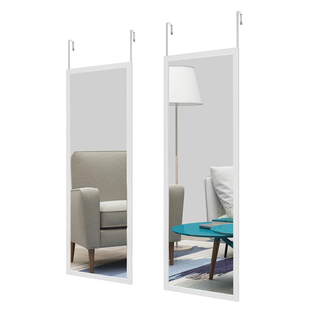Full Length Door Mirror Set of 2 - 48x16 Inch Wall Mounted Dressing Mirror for Bedroom & Bathroom - Modern White Floating Tile Mirror for Home Decor & Outfit Check