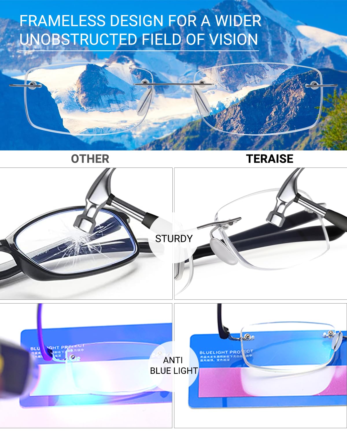 TERAISE 2Pack Blue Light Blocking Reading Glasses - Rimless & Lightweight for Men & Women - Perfect for Office & Screen Use