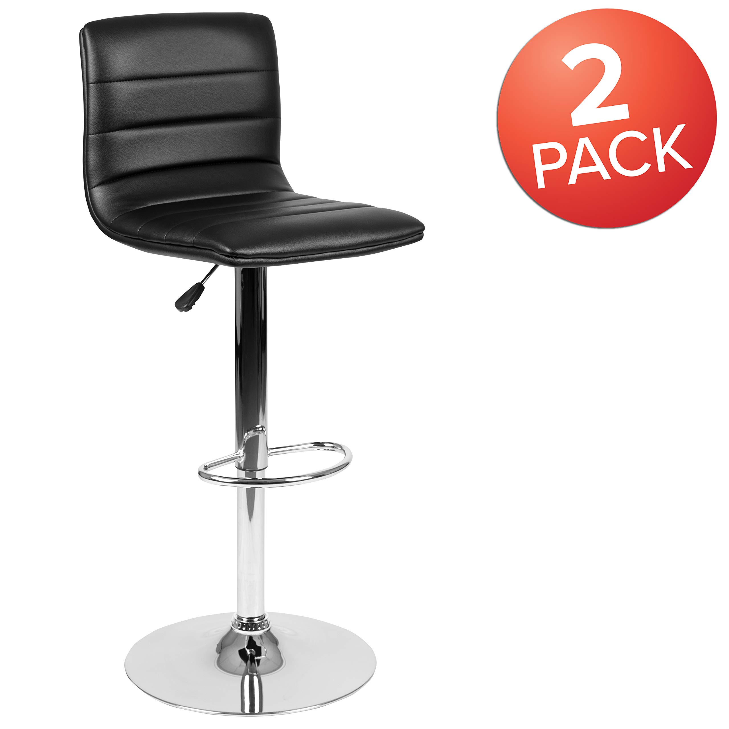 2 Pack Black Vinyl Adjustable Height Bar Stools with Horizontal Stitch Back - Modern Kitchen Counter Stools for Dining, Bar & Home Decor