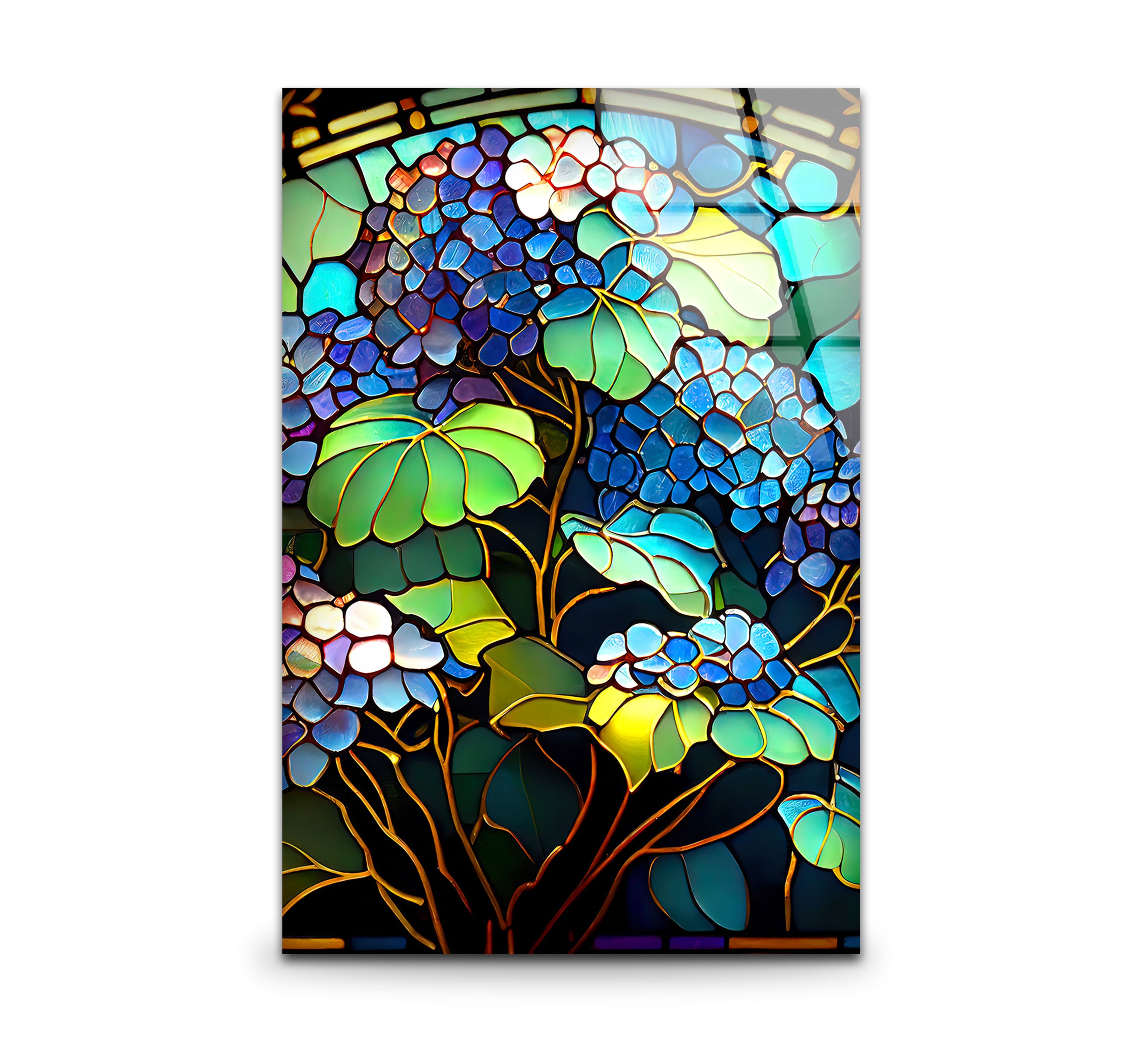Blue Hydrangea Stained Glass Wall Art - Vertical Floral Glass Print for Home Decor, Church, Wedding & Office | Handmade Glass Painting Gift for Women