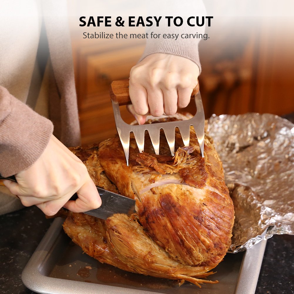 Easylife 18/8 Stainless Steel Meat Shredder Claws with Wooden Handle - BBQ Pulling Forks for Pork, Turkey, Chicken & Brisket - Perfect for Grilling, Smoking & Serving at Backyard Cookouts