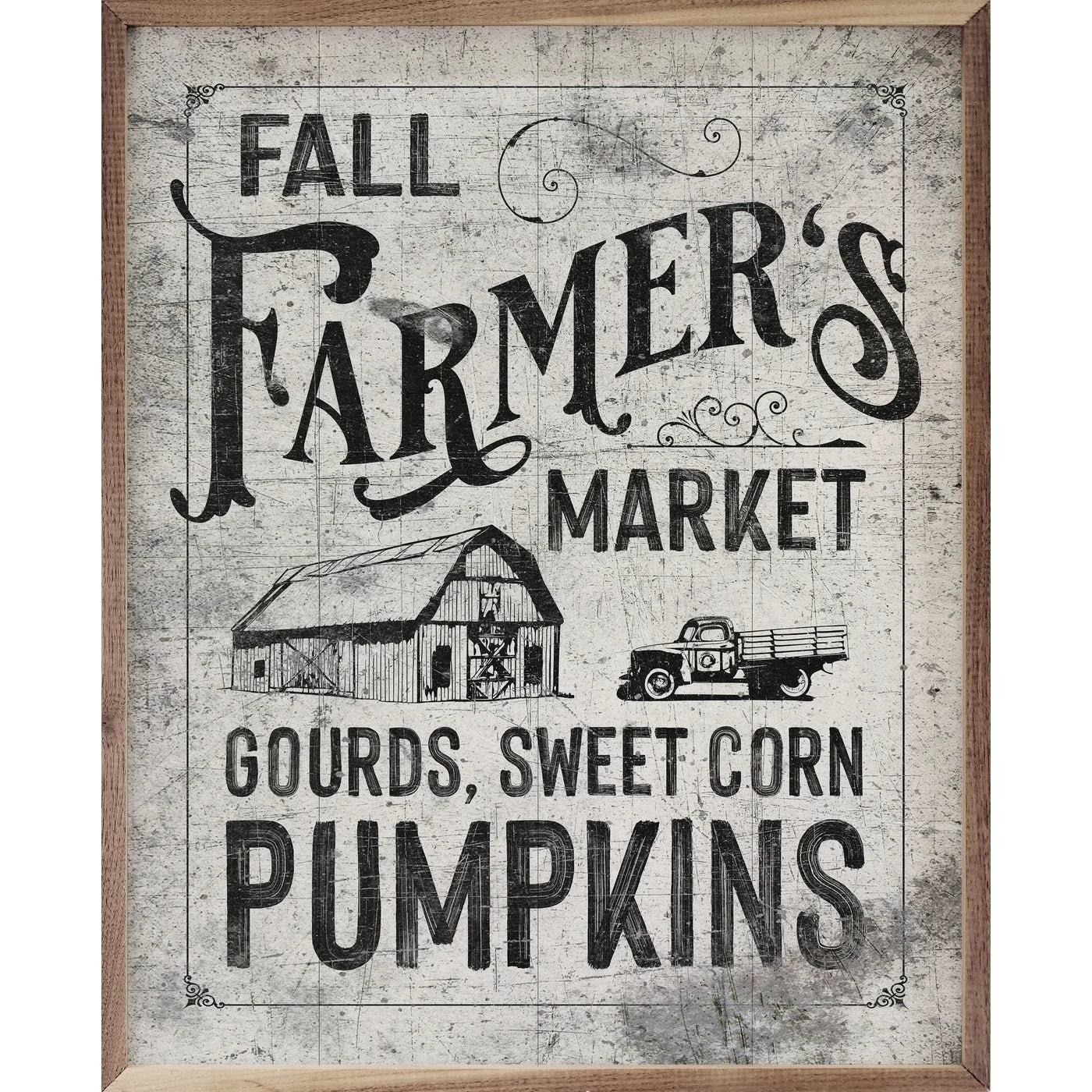 Fall Farmer's Market Border White Wood Framed Print - Rustic Autumn Wall Art Decor for Living Room, Kitchen & Farmhouse Style Homes