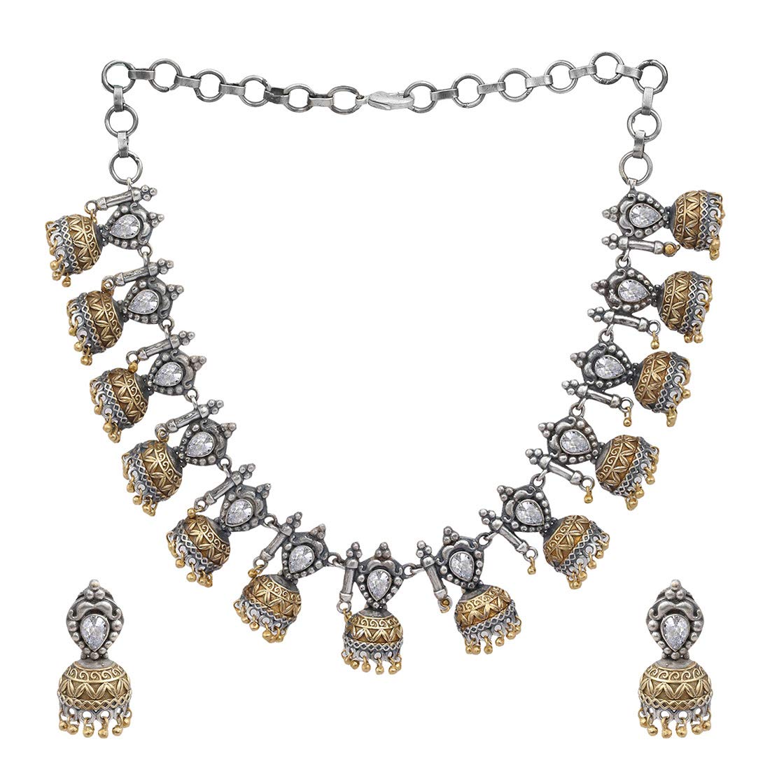 Antique German Silver Plated Dual Tone Oxidized Choker Necklace & Earrings Set with Blue Kundan Stones | Elegant Jewelry Gift for Women | Perfect for Weddings, Parties & Special Occasions