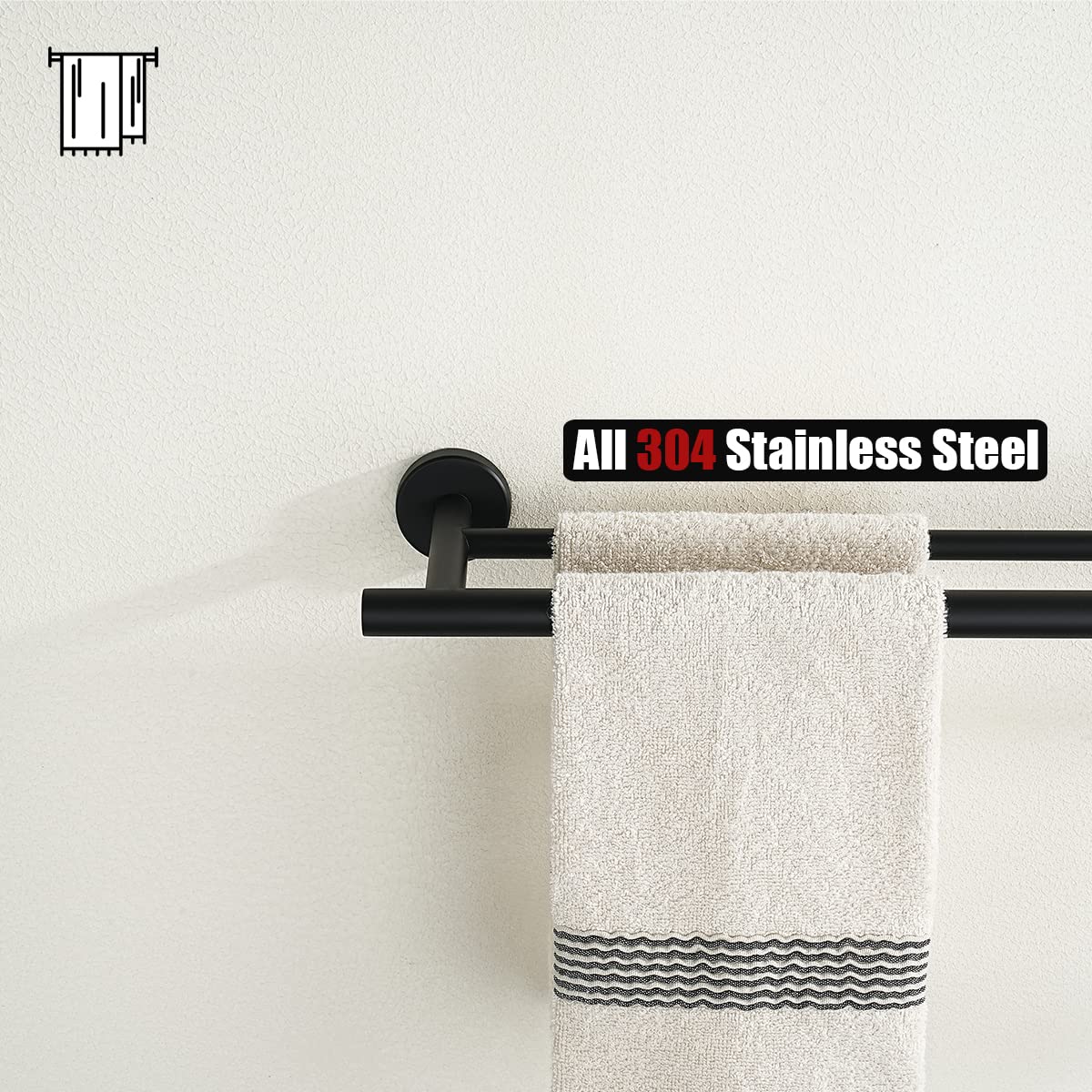 27 Inch Matte Black Double Towel Bar - 24 Inch Useable Length, 304 Stainless Steel Bathroom Towel Rack (0.8mm Thick) - Wall Mounted Towel Holder for Bathroom, Kitchen & Laundry Room Organization (Model TB100L24-PB)