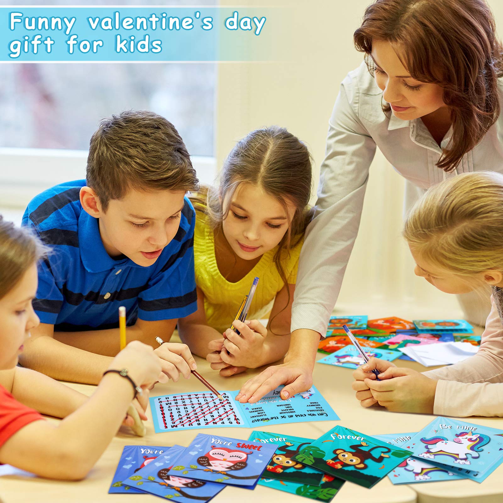 Zonon 30-Piece Woodland Animal Valentine's Day Cards for Kids with Envelopes - Classroom Exchange Cards with Word Search Puzzle - Perfect for School Parties & Friendship Gifts