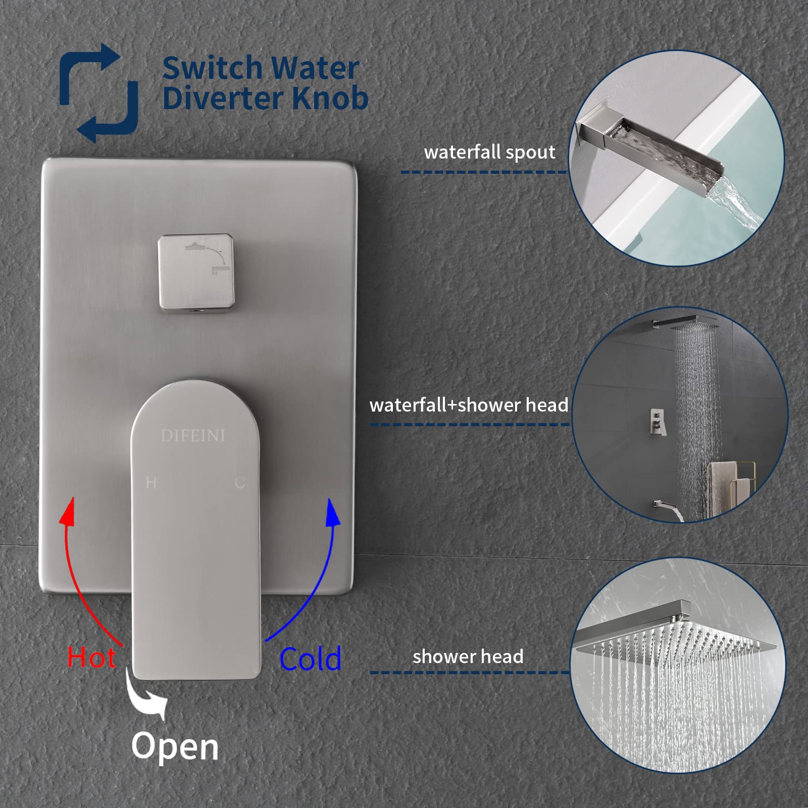 Waterfall Shower Faucet Set with Tub Spout - Brushed Nickel Wall Mount Shower System with Rough-in Valve - Perfect for Modern Bathroom Renovations & Spa-Like Showers
