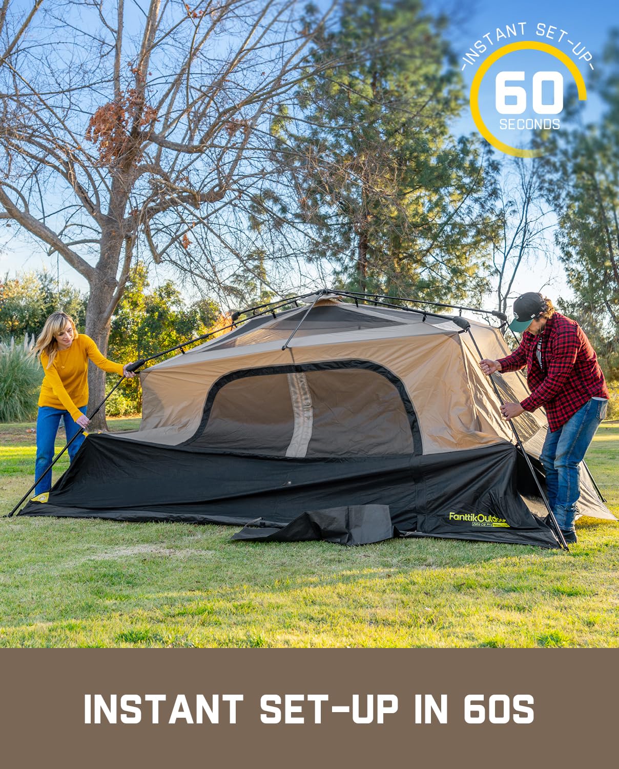 Fanttik Instant Cabin Tent for Camping - 4/6/8/10 Person Family Tent with Rainfly & Windproof Design, 60-Second Setup, Portable with Carry Bag - Perfect for Outdoor Adventures, Backpacking & Hiking Trips