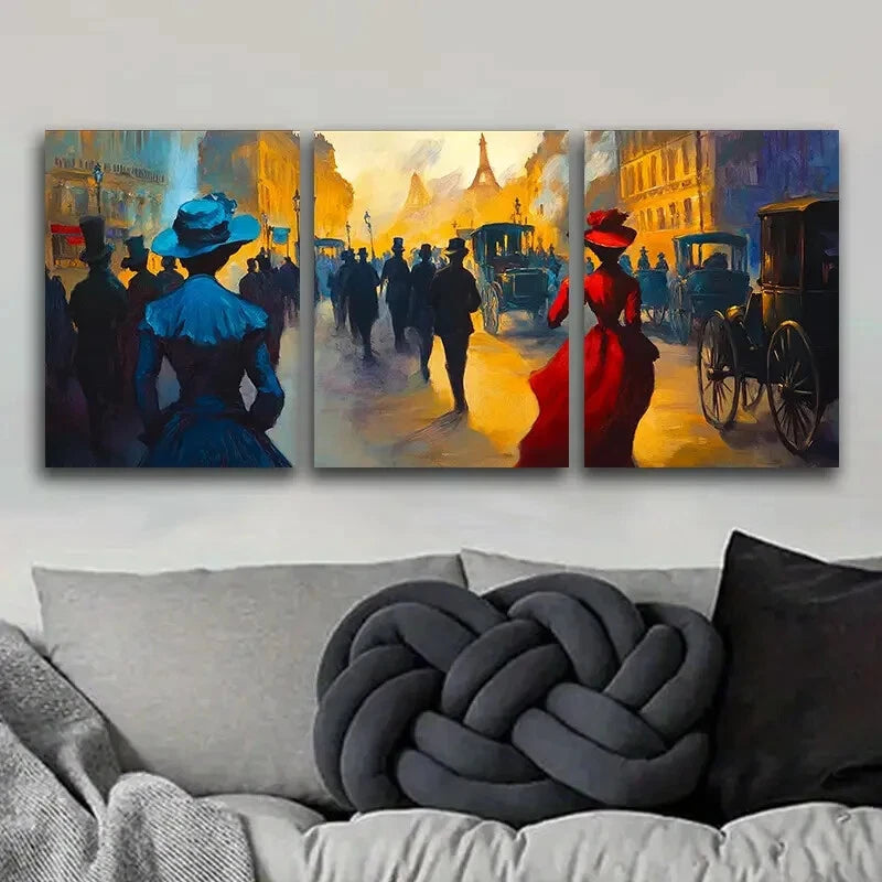 3-Piece People in the Market Art Painting - Metal Wall Art Prints Ready to Hang - Modern Home & Office Decor for Living Room, Bedroom or Dining Area