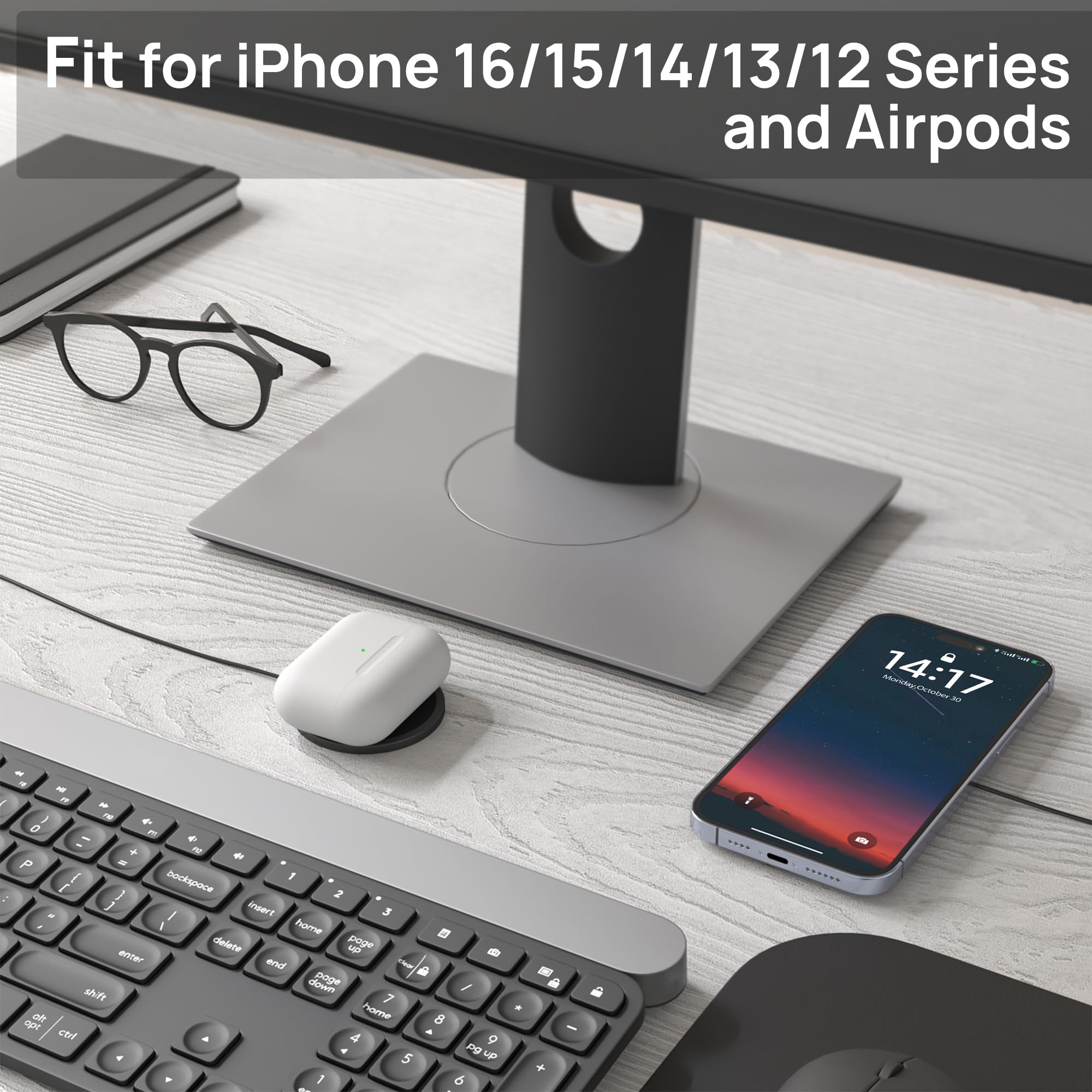 15W Fast Wireless Charger for iPhone with MagSafe - Magnetic USB-C Charging Pad Compatible with iPhone 16/15 Pro Max/14/13/12 & AirPods (Black) | Perfect for Home, Office & Travel Charging