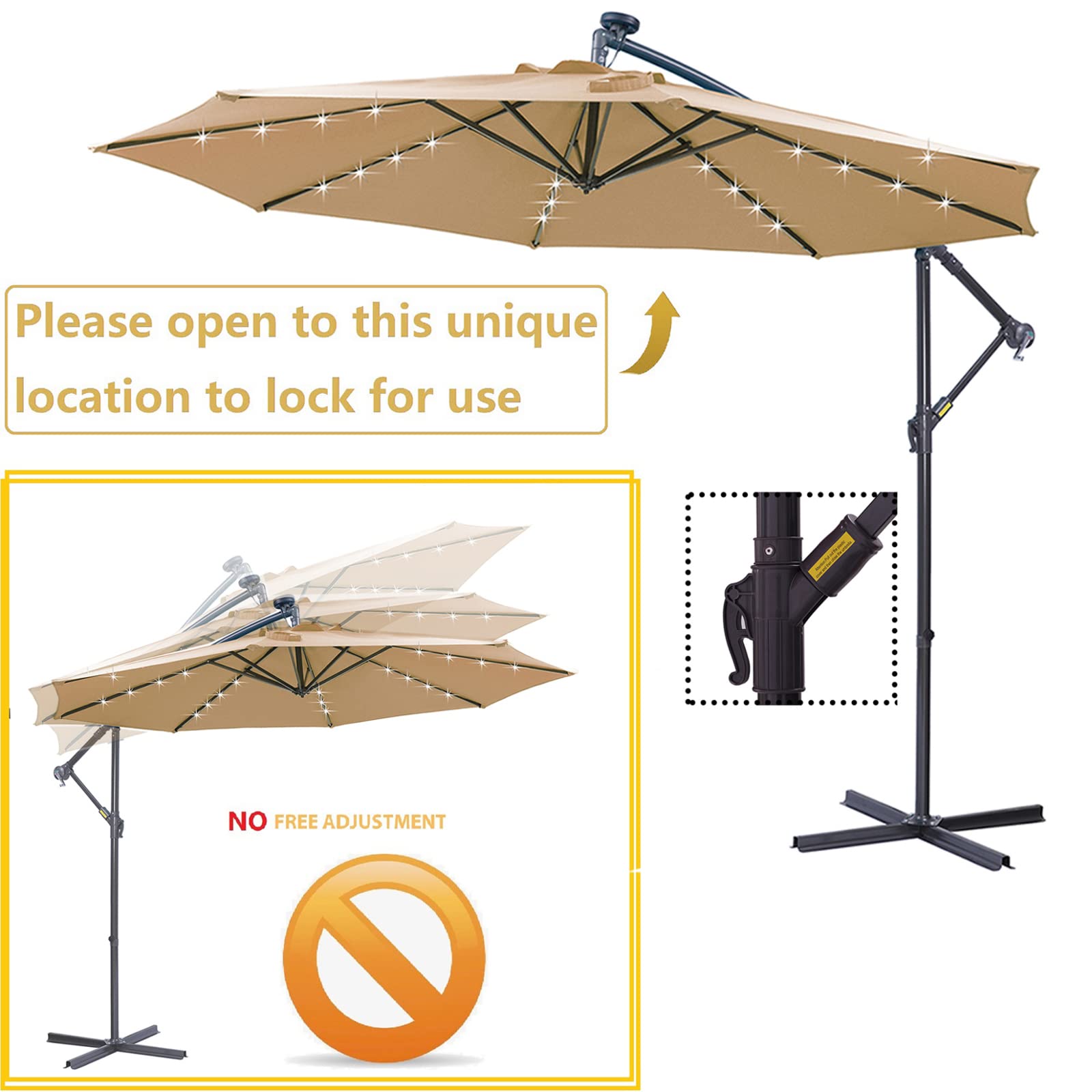 10 FT Solar LED Cantilever Patio Umbrella with Base - 32 Bright LED Lights, Easy Open Adjustable Outdoor Umbrella for Garden, Poolside & Backyard Relaxation