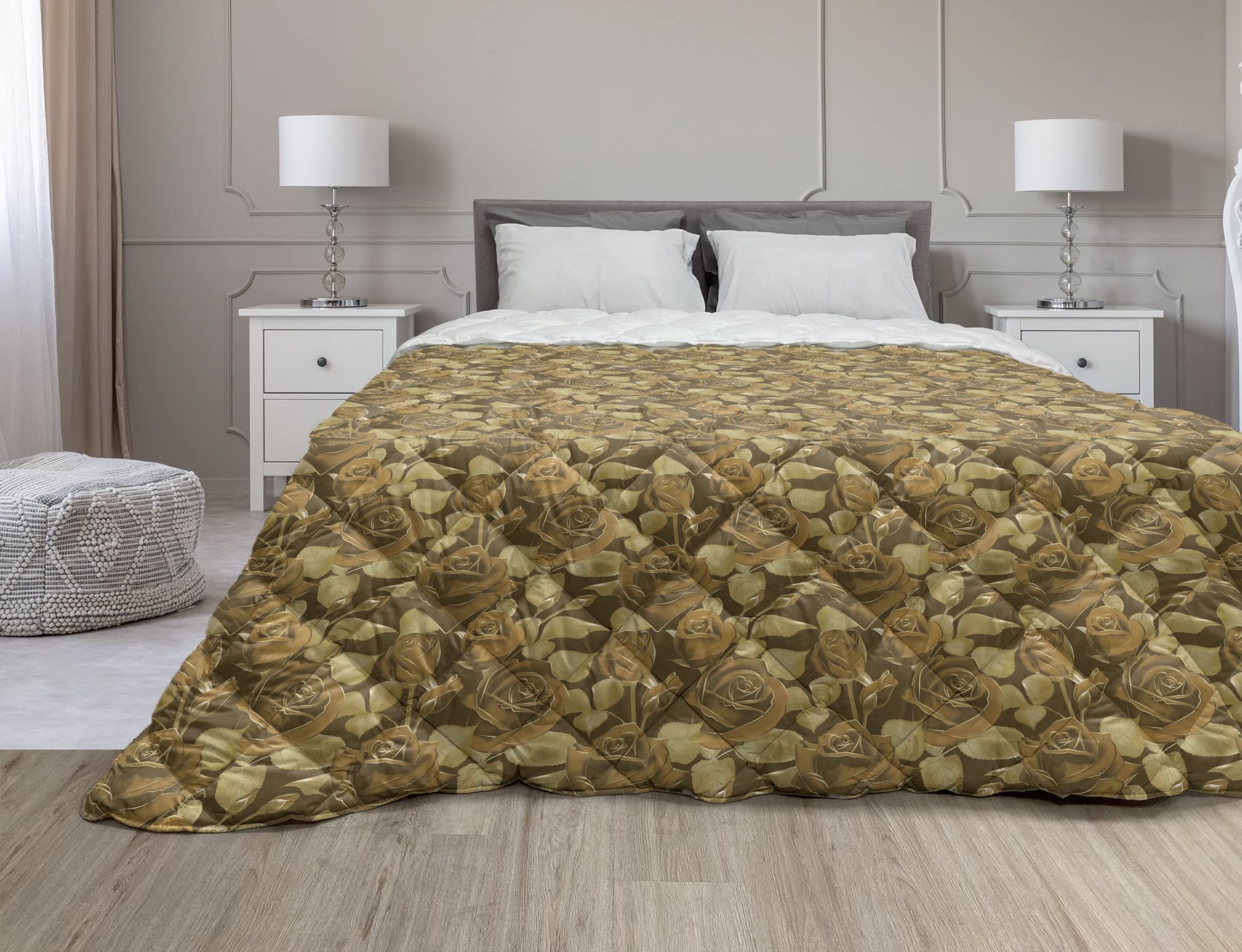 Ambesonne Brown Floral Down Alternative Comforter - Romantic Rose Petals Design, Soft Microfiber All-Season Bedding, Twin Size Pale Caramel Khaki - Perfect for Master Bedroom, Guest Room & Dorm Decor