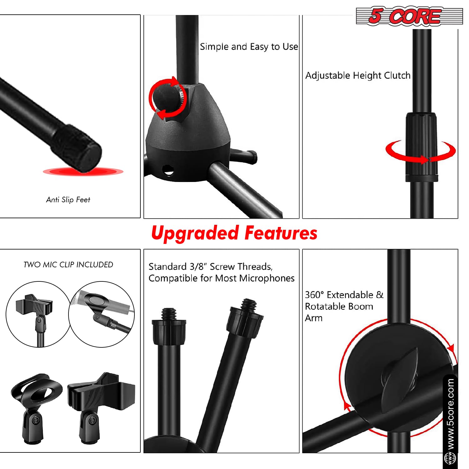 5 Core Heavy Duty Adjustable Tripod Mic Stand (31-76 Inches) with 360° Rotating Boom Arm & Dual Mic Holder - Perfect for Podcasting, Live Streaming & Studio Recording